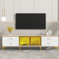 ON-TREND Stylish LED TV Stand with Marble-veined Table Top for TVs Up to 78'', Entertainment Center with Brown Glass Storage Cabinet, Golden Legs & Handles for Living Room, White