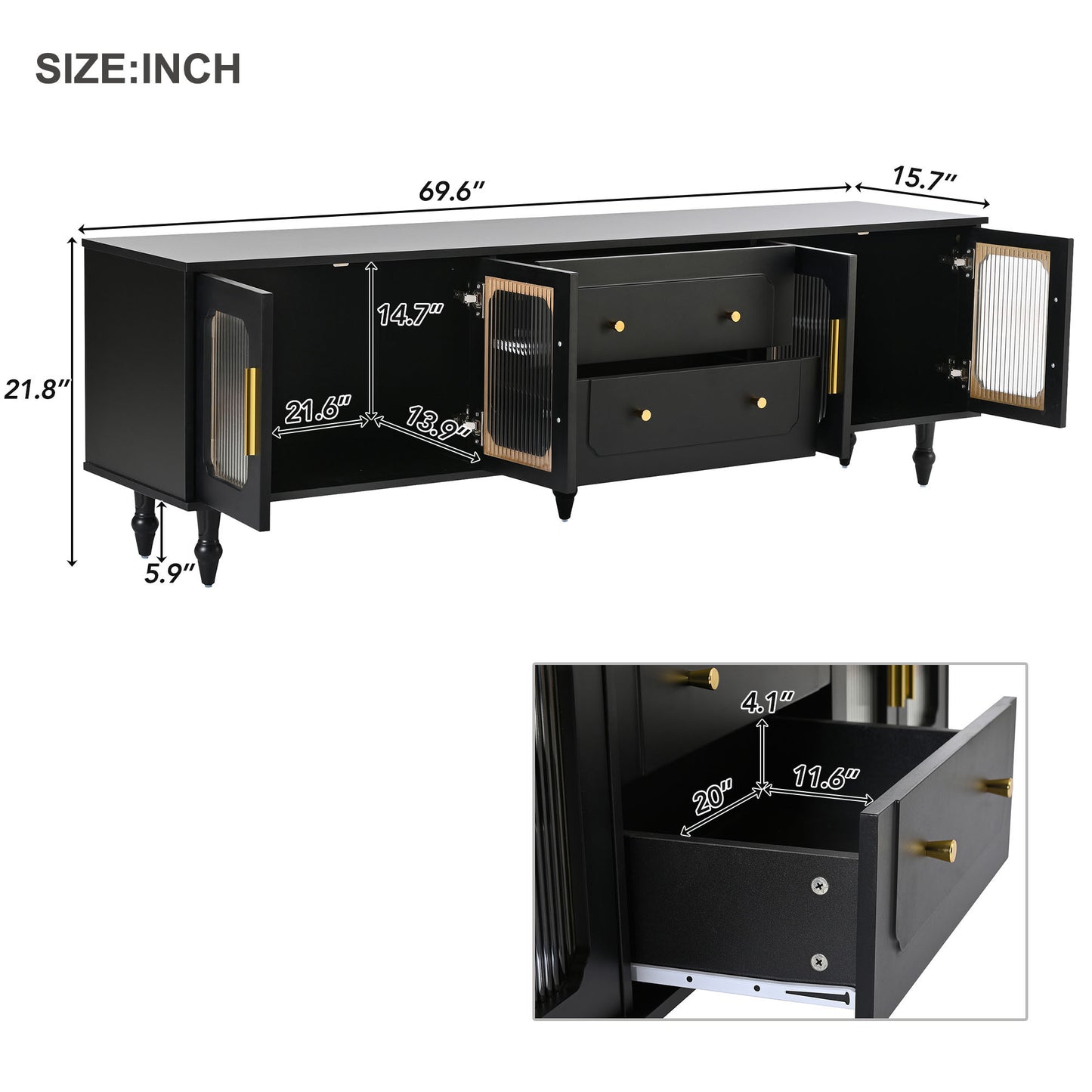 ON-TREND Retro Design TV Stand with Fluted Glass Doors for TVs Up to 78'', Practical Media Console with 2 Drawers and Cabinets, Elegant Entertainment Center for Living Room, Black