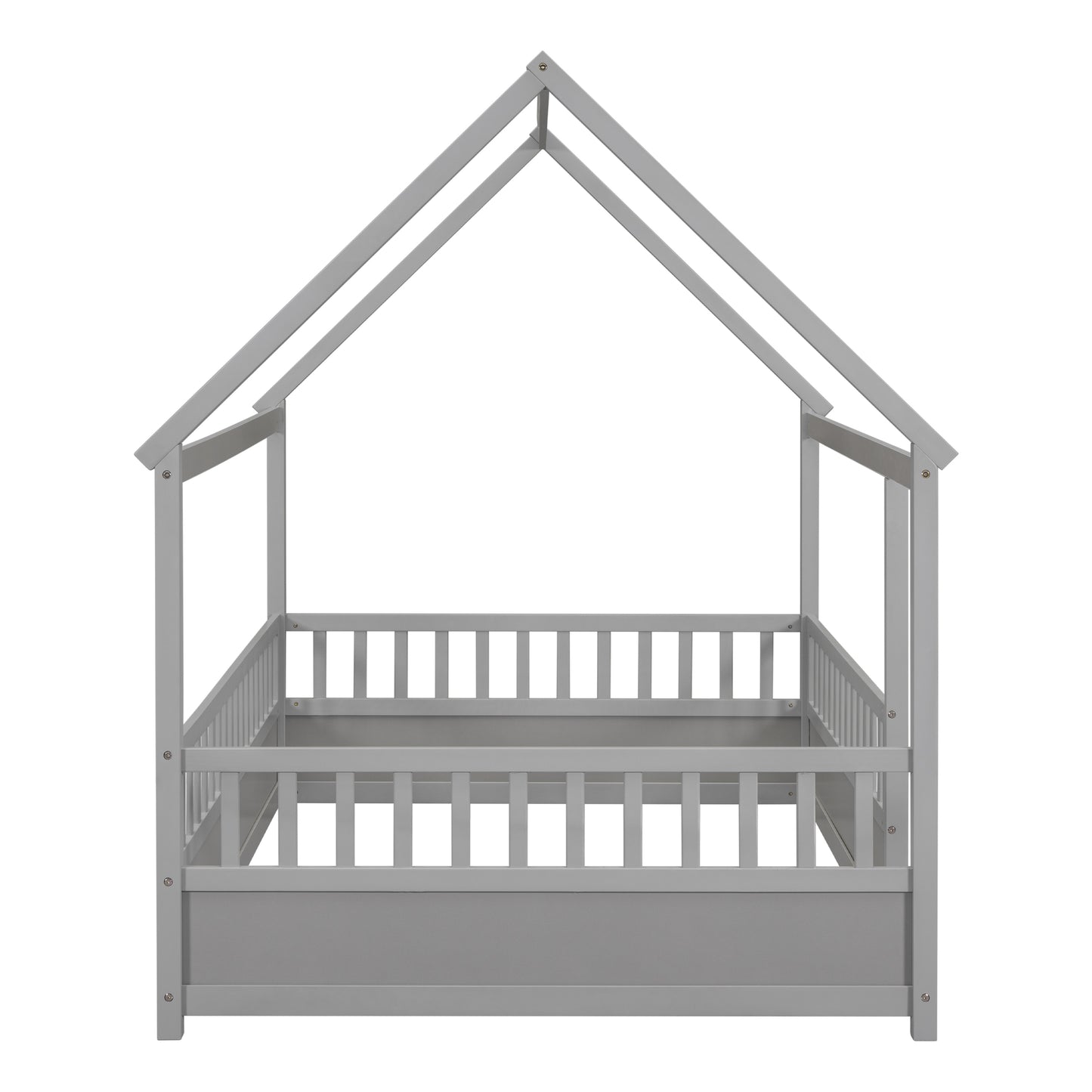 Full Size Floor Wooden Bed with House Roof Frame, Fence Guardrails,Grey