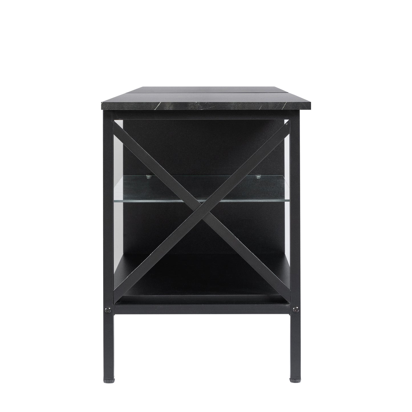 TV stand,Iron TV cabinet,entertainment center, TV set, media console, with LED lights, remote control,toughened glass stand,can be placed in the living room, bedroom, color:black with marble texture