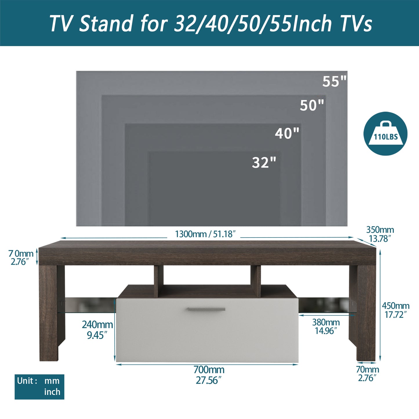 Modern TV Stand with LED Lights  for up to 55" TV's - Tempered Glass Shelve