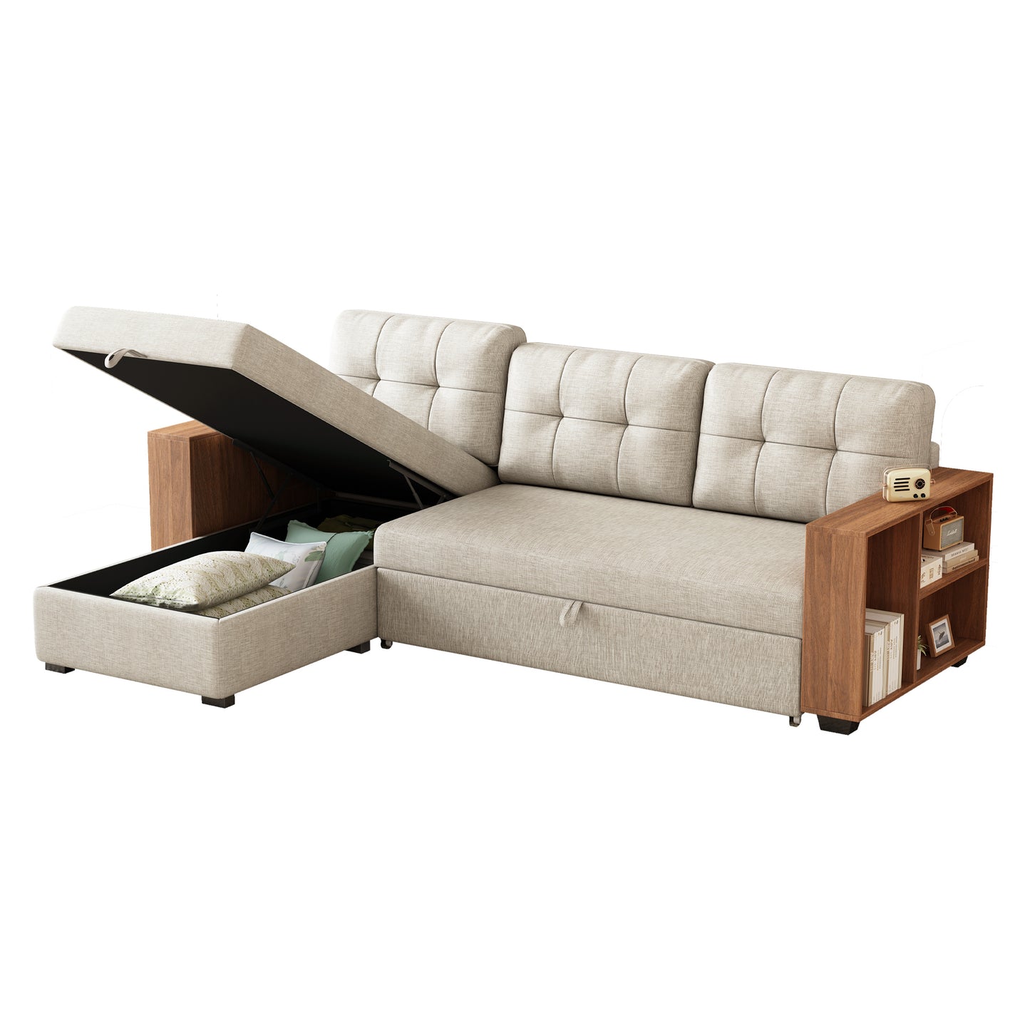 Upholstered Pull Out Sectional Sofa with Storage Chaise