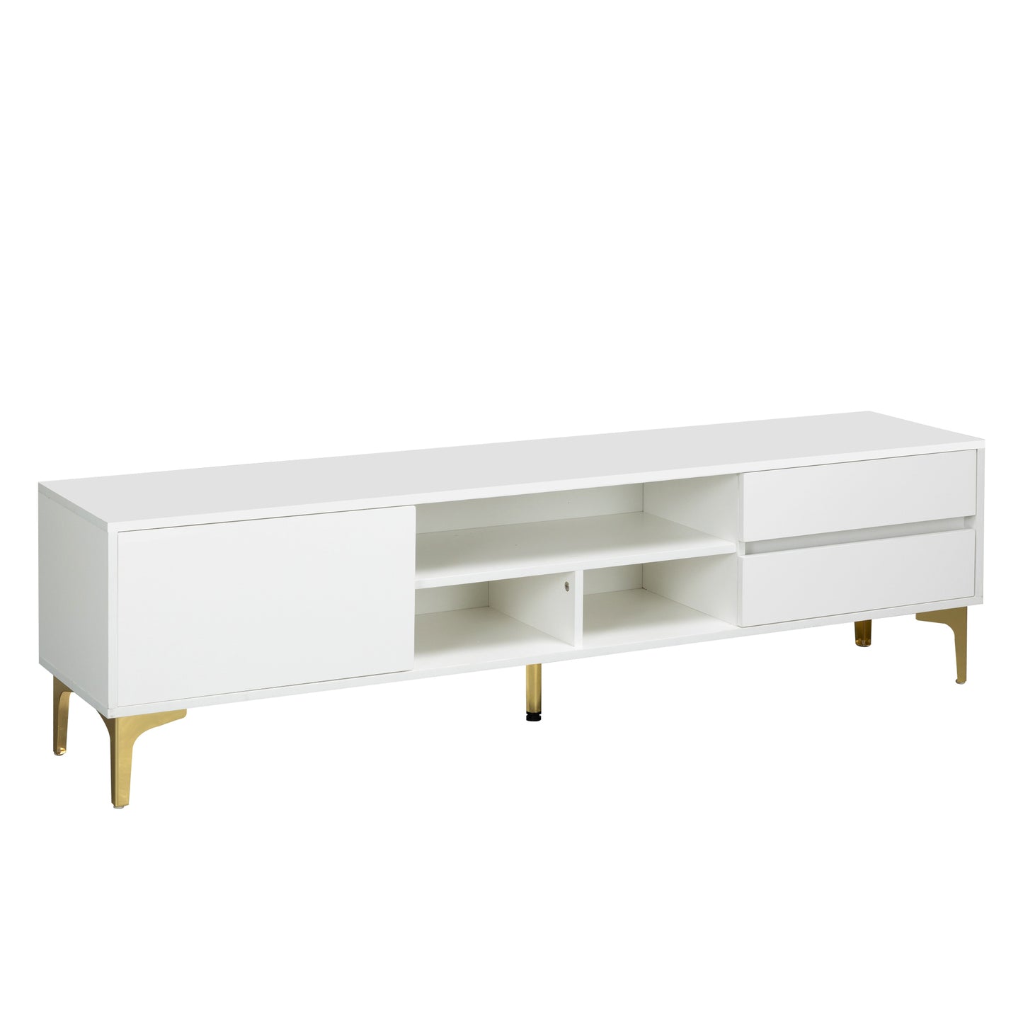 TV stand,TV Cabinet,entertainment center,TV console,media console,with LED remote control lights,UV bloom drawer panel,gold metal table legs, can be placed in the living room, bedroom, color: white