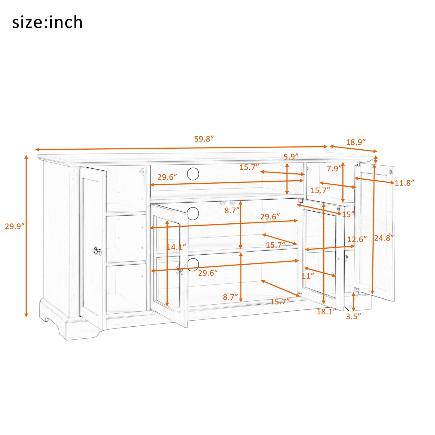 U-Can TV Stand for TV up to 65in with 2 Tempered Glass Doors Adjustable Panels Open Style Cabinet, Sideboard for Living room, Black