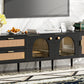 Rattan TV Stand with 3 Cabinets & 2 Drawers, Rattan-inspired Media Console Table for TVs up to 80'', LED Light Entertainment Center, TV cabinet for Living room, Bedroom, Home Theatre