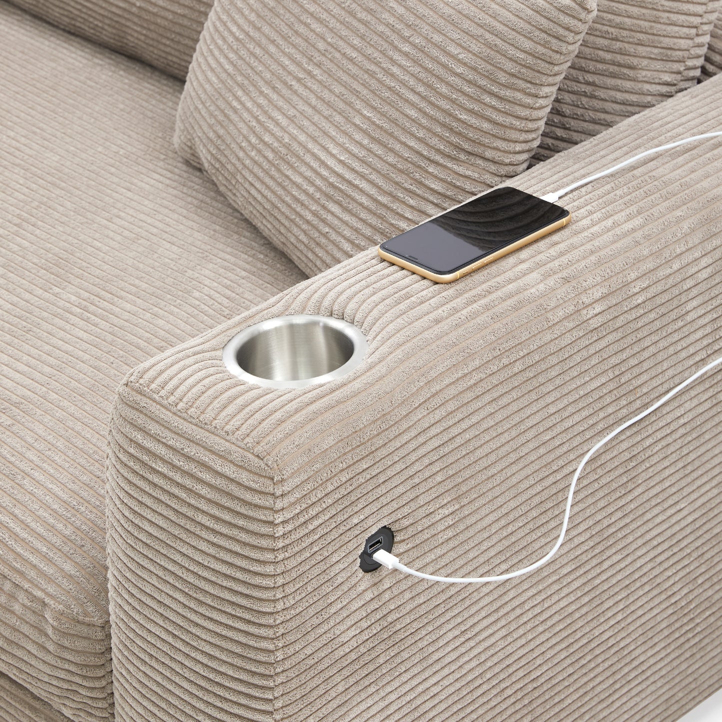 Oversized Corduroy L-Shaped Sectional Sofa with USB Ports & Cup Holders