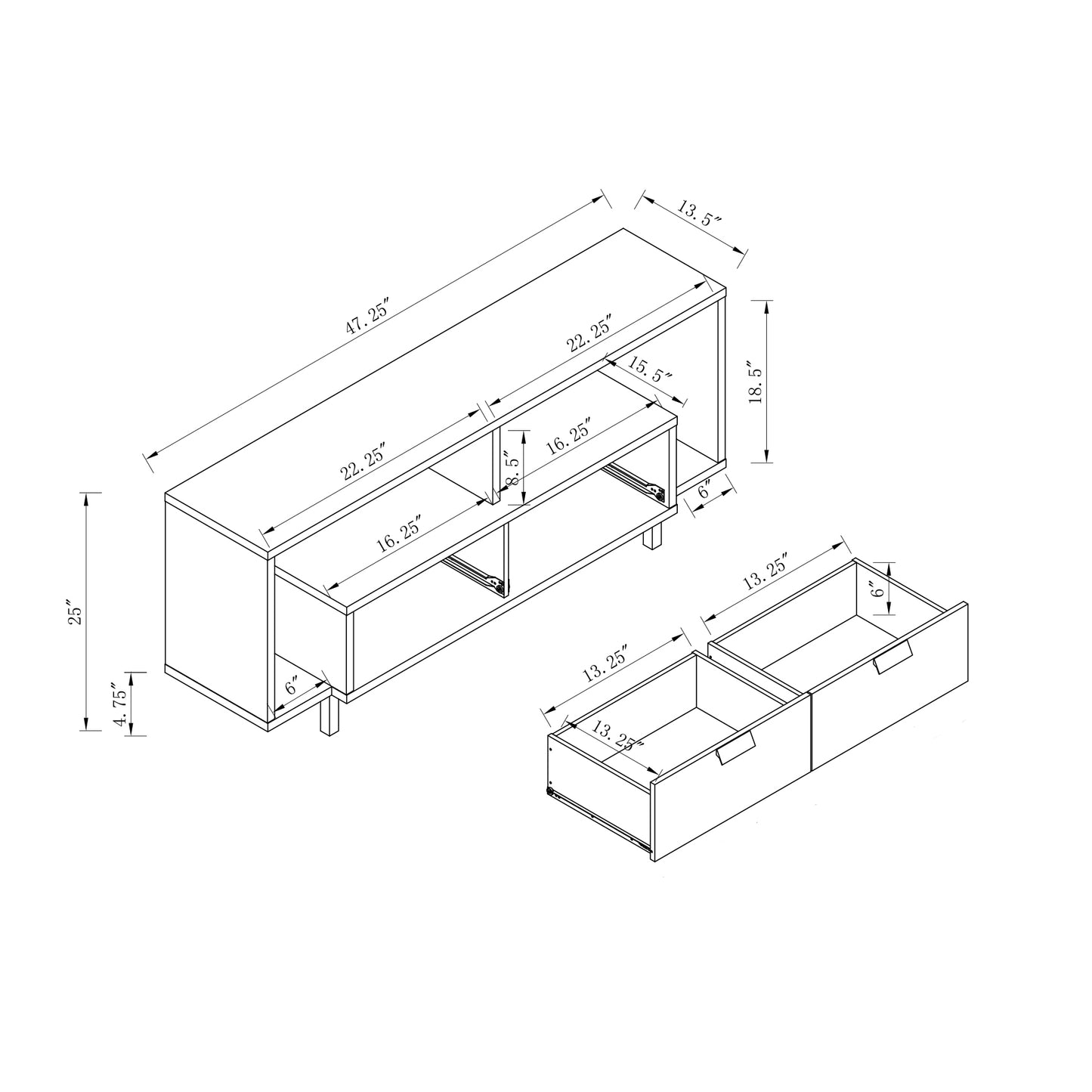 Modern TV Stand with Two Shelves and Two Drawers For up to 45" TV's