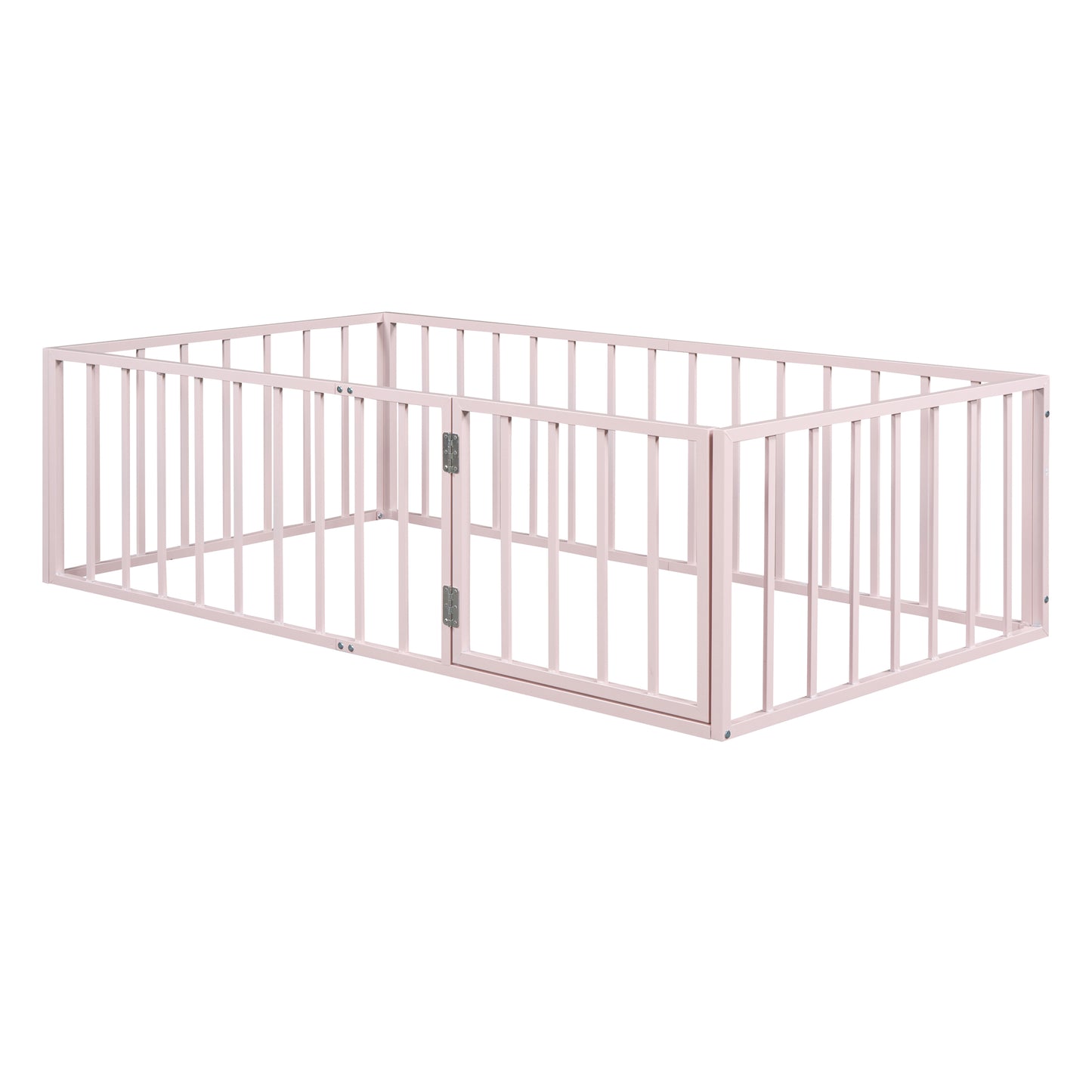 Girls, Twin Size Metal Floor Bed Frame with Fence & Door