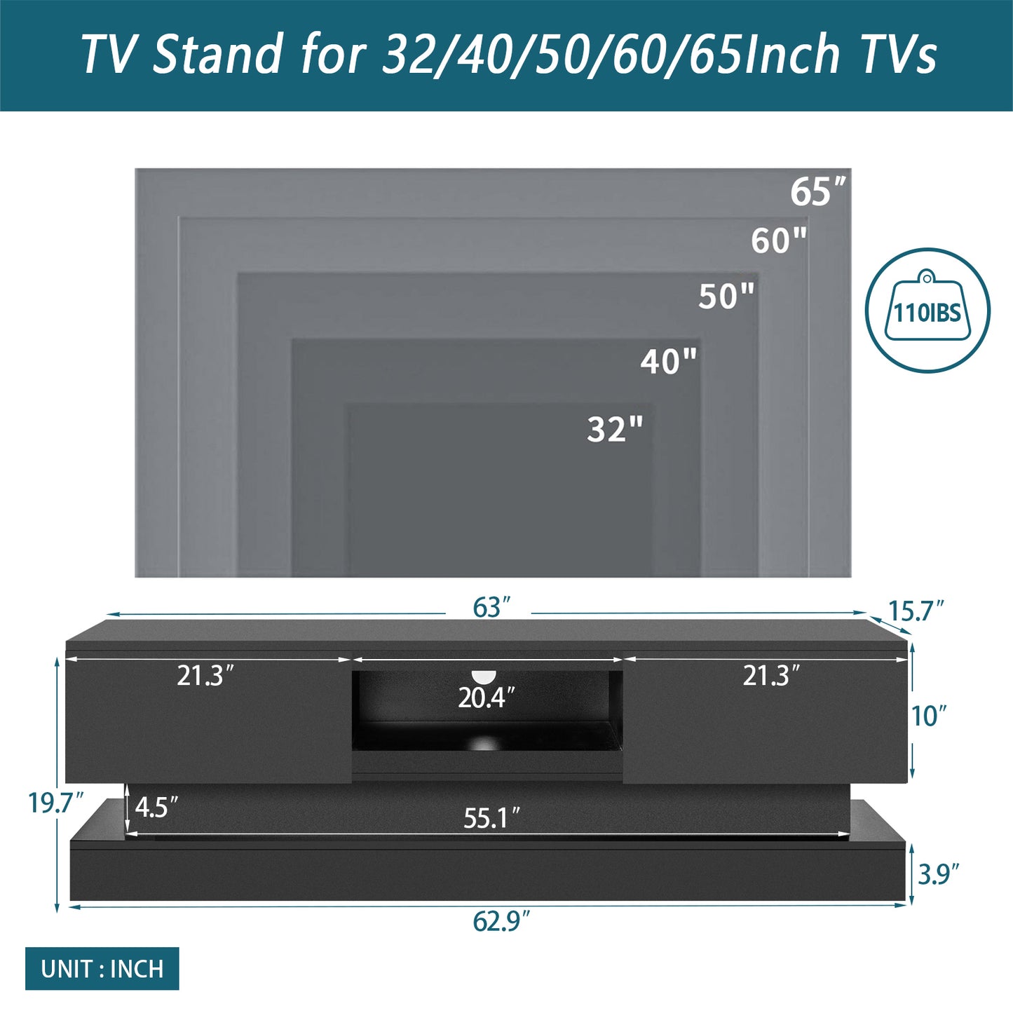 Modern TV Stand with LED Lights, High-Gloss Front & For up to 65" TV's