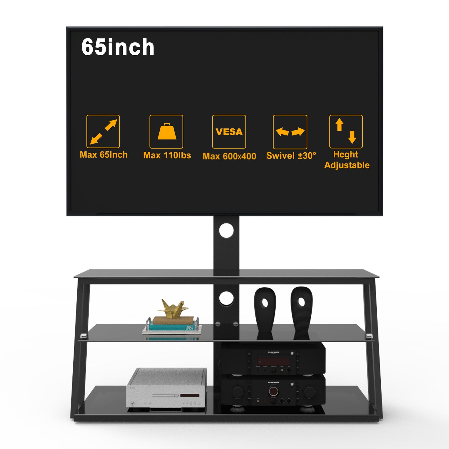 Black Multi-Function Angle And Height Adjustable Tempered Glass  TV Stand for up to 79" TV's