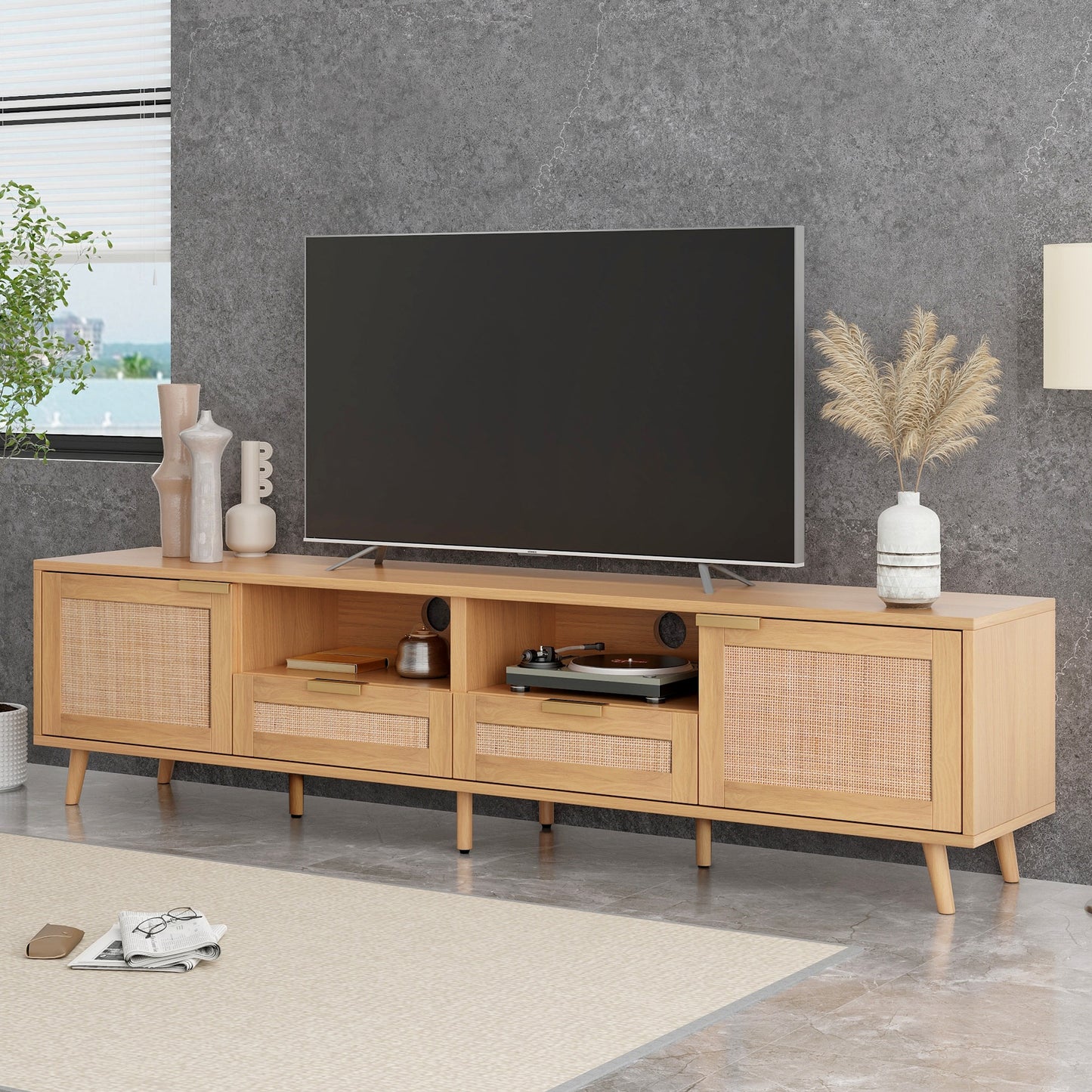 Rattan TV Stand for TVs up to 85'', Modern Farmhouse Media Console, Entertainment Center with Solid Wood Legs, TV Cabinet for Living Room,Home Theatre