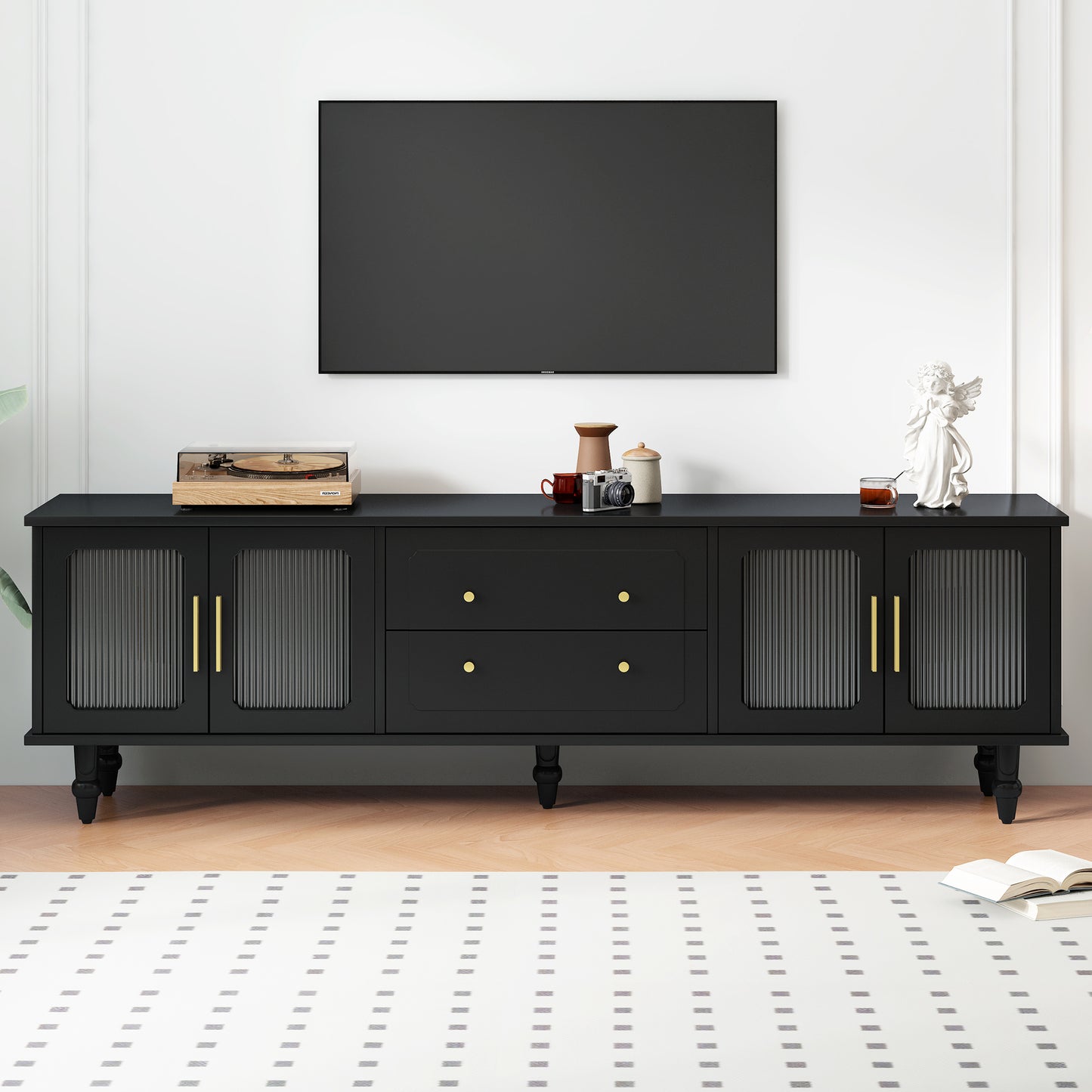 ON-TREND Retro Design TV Stand with Fluted Glass Doors for TVs Up to 78'', Practical Media Console with 2 Drawers and Cabinets, Elegant Entertainment Center for Living Room, Black