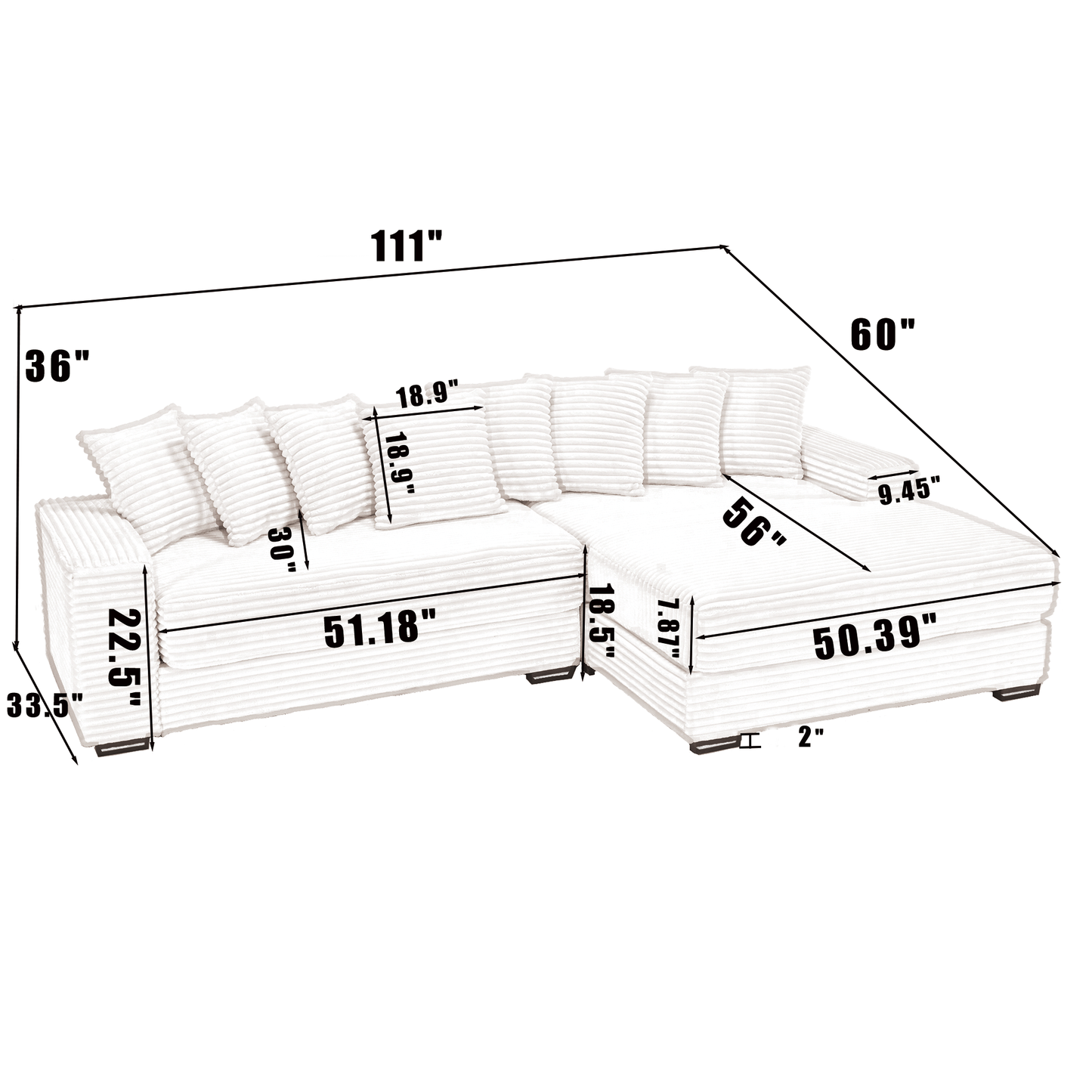 Oversized Corduroy L-Shaped Sofa - 2-Piece Sectional