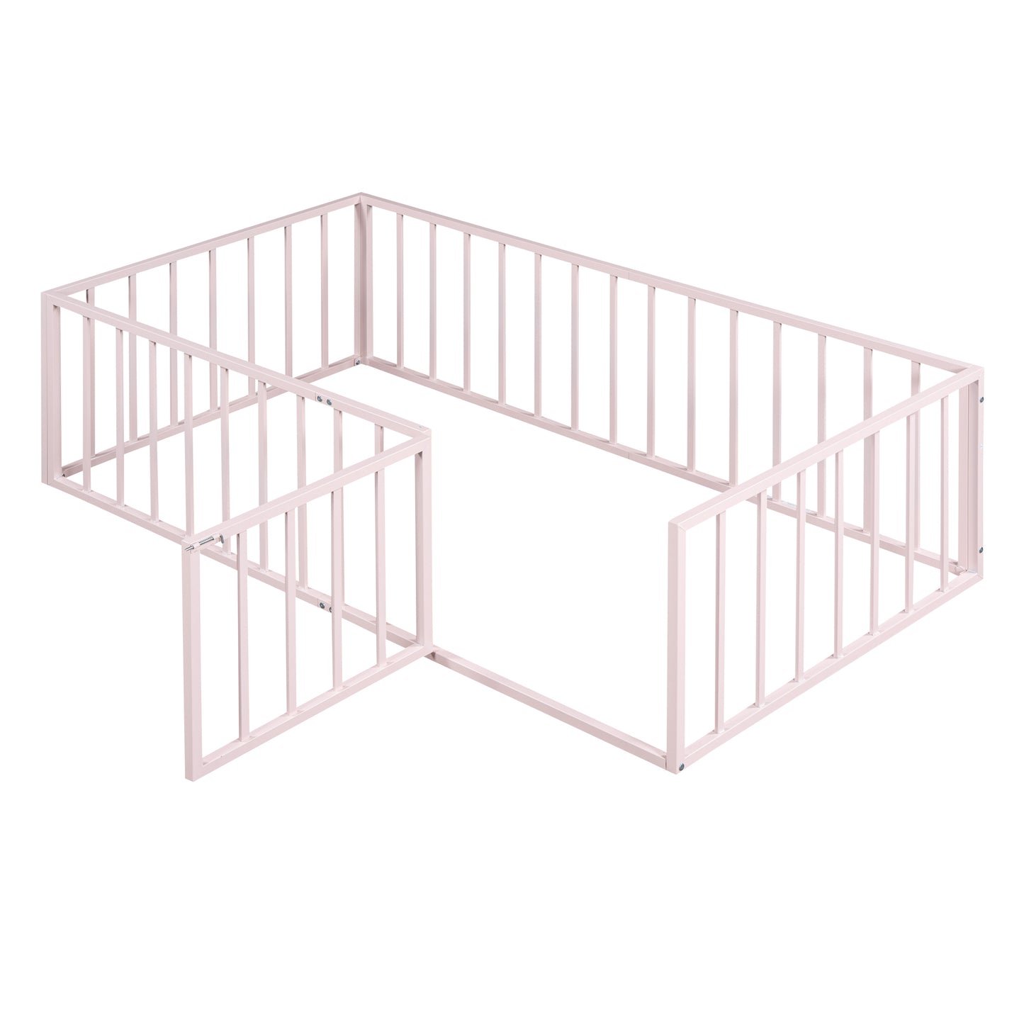 Girls, Twin Size Metal Floor Bed Frame with Fence & Door