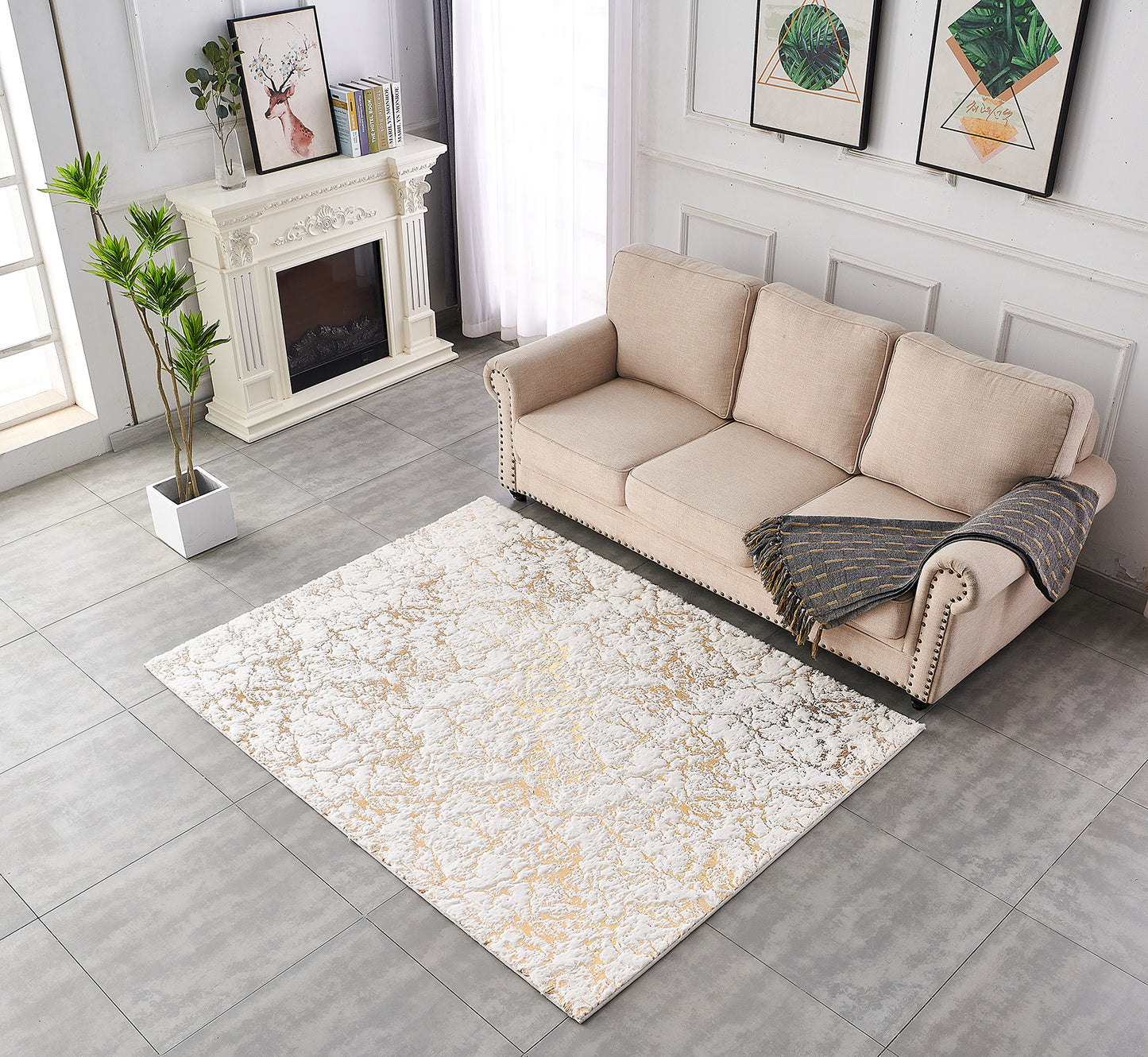 Luxury Machine Washable White Abstract Gold-Gilded Chinchilla Faux Fur Area Rug