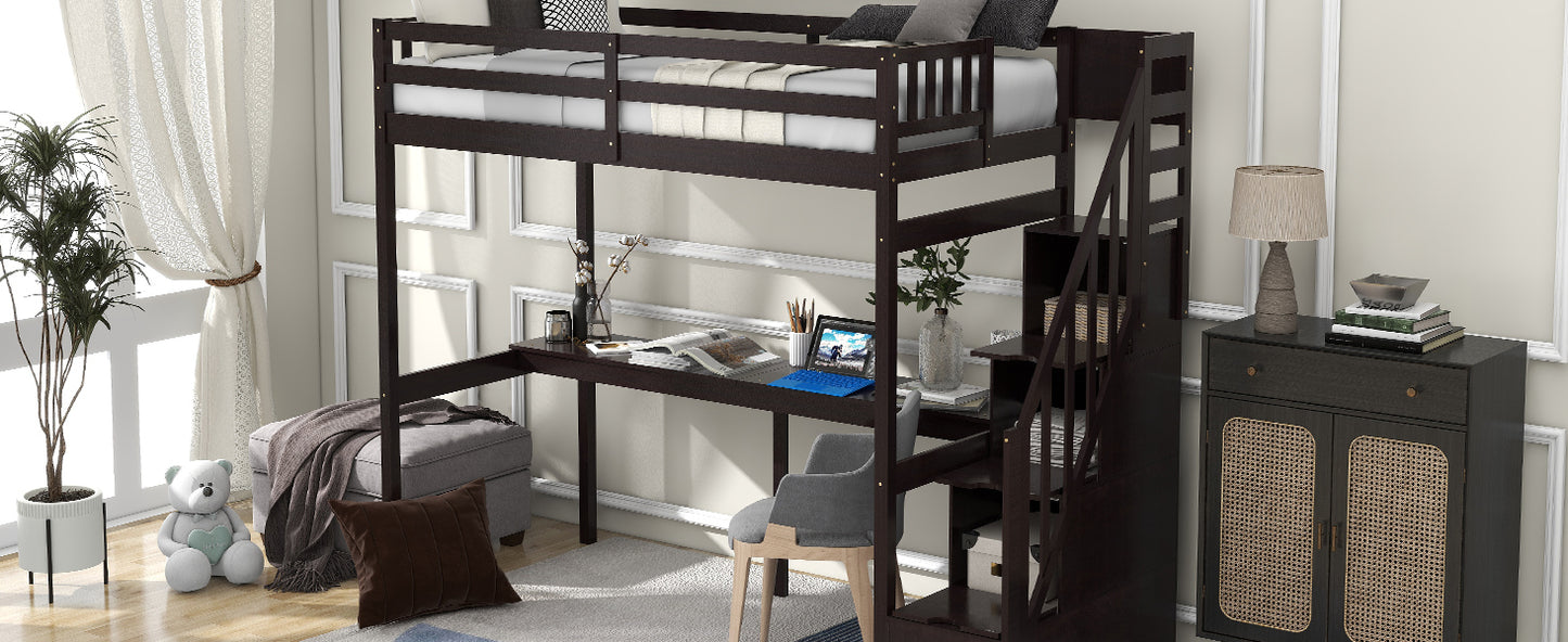 Twin Size Loft Bed with Storage Staircase and Built-in Desk