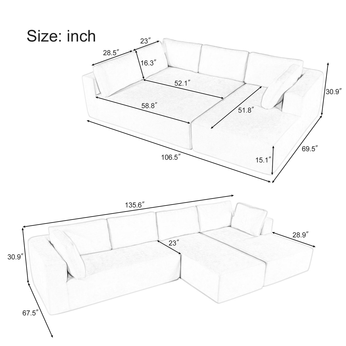 Large Modular U Shape Sectional Sofa - 3 Piece Combination