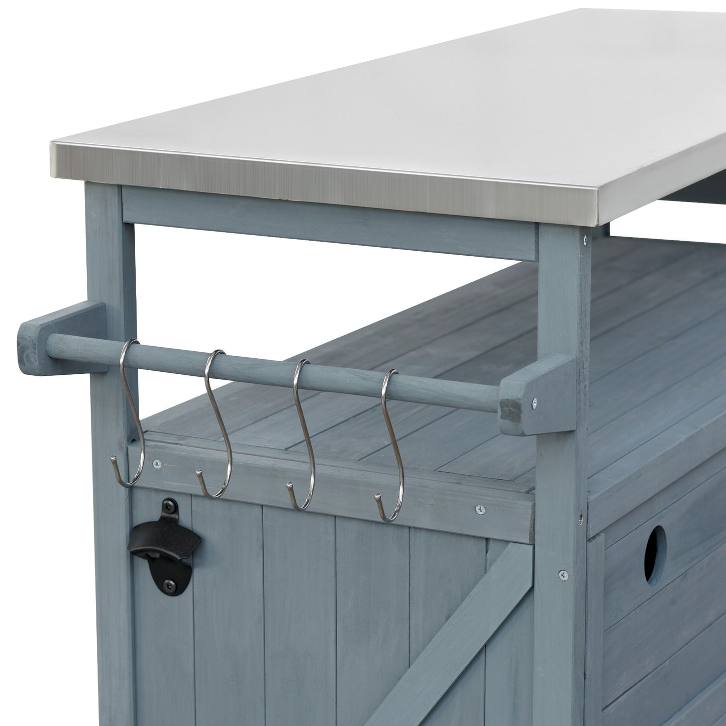 K&K Outdoor Kitchen Island, Rolling Bar Cart & Storage Cabinet, Farmhouse Solid Wood Outdoor Grill Table with Stainless Steel Top, Spice Rack , Towel Rack for Kitchen & BBQ , Grey Blue