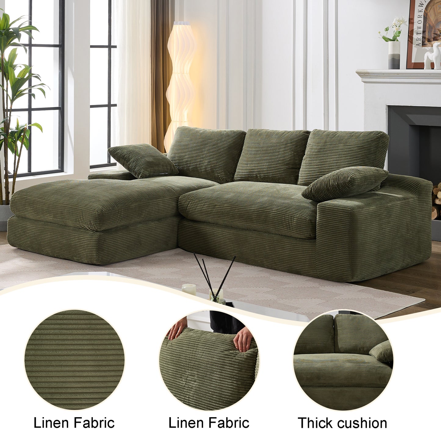 Corduroy Modular L-Shaped Sectional, Army Green