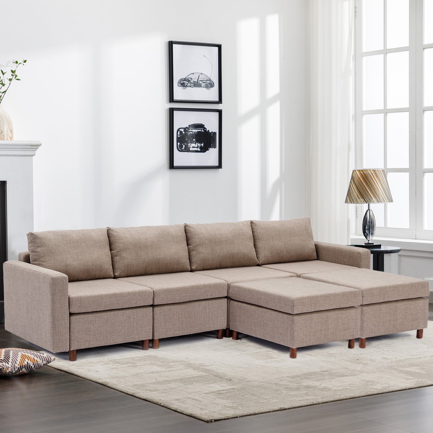 4-Seat Modular Sectional Sofa with 2 Ottomans