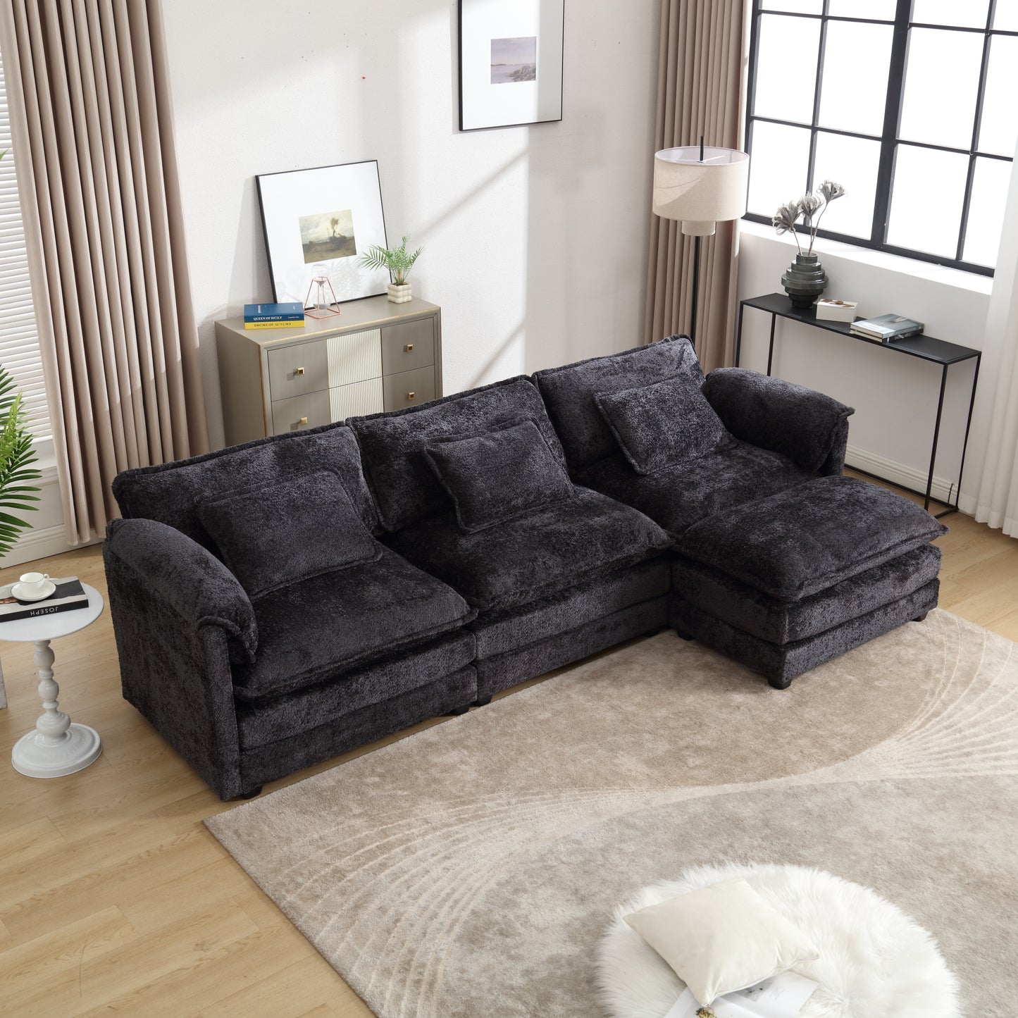 Oversized Boucle Fabric L-Shape Sectional - Movable Pedals with Detachable Armrests