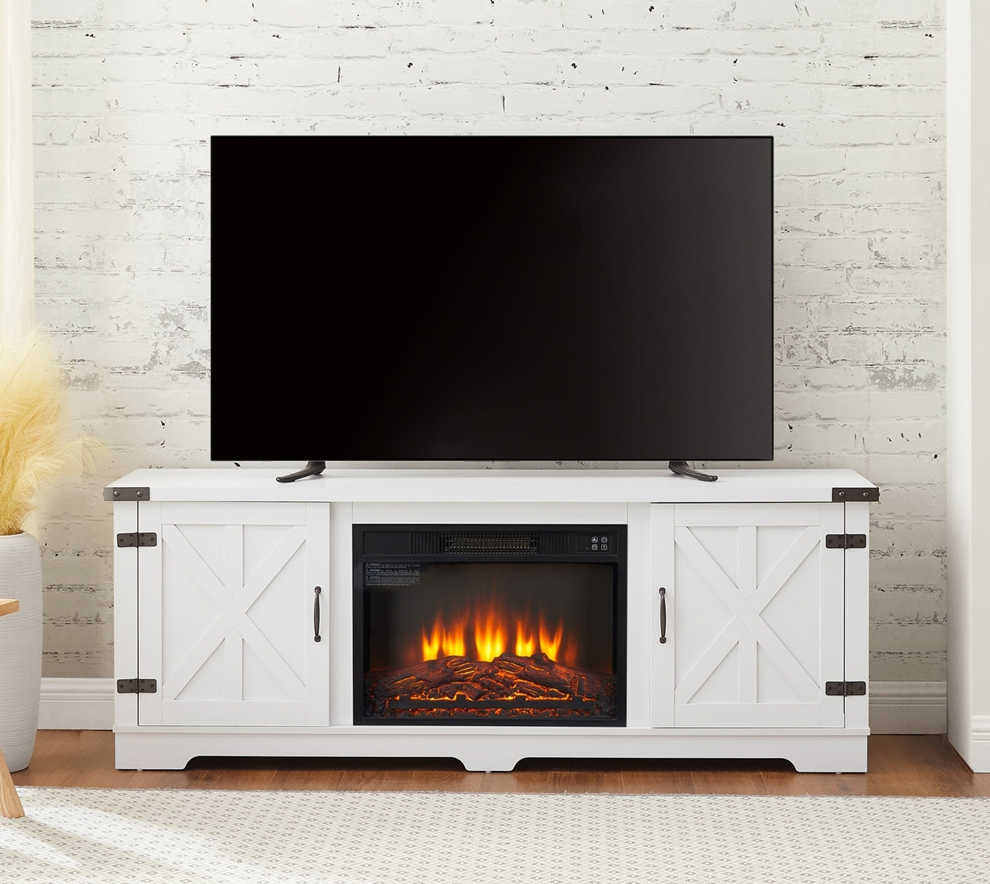 Modern Farmhouse TV Stand with 23'' Fireplace Insert, Barn Door Console For up to 70'' TV's