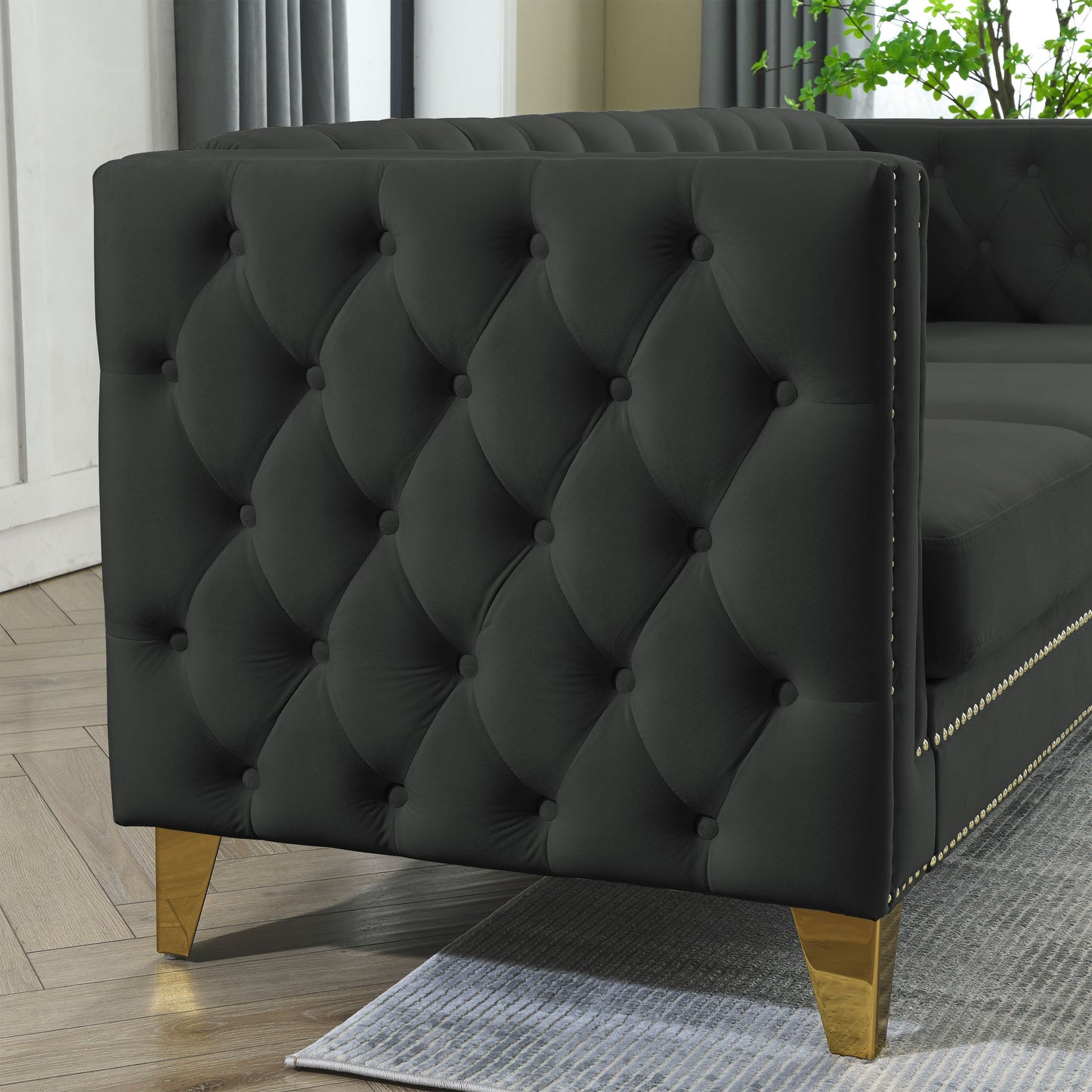 Velvet Tufted Square Arm Couch with Metal Legs - 2PCS