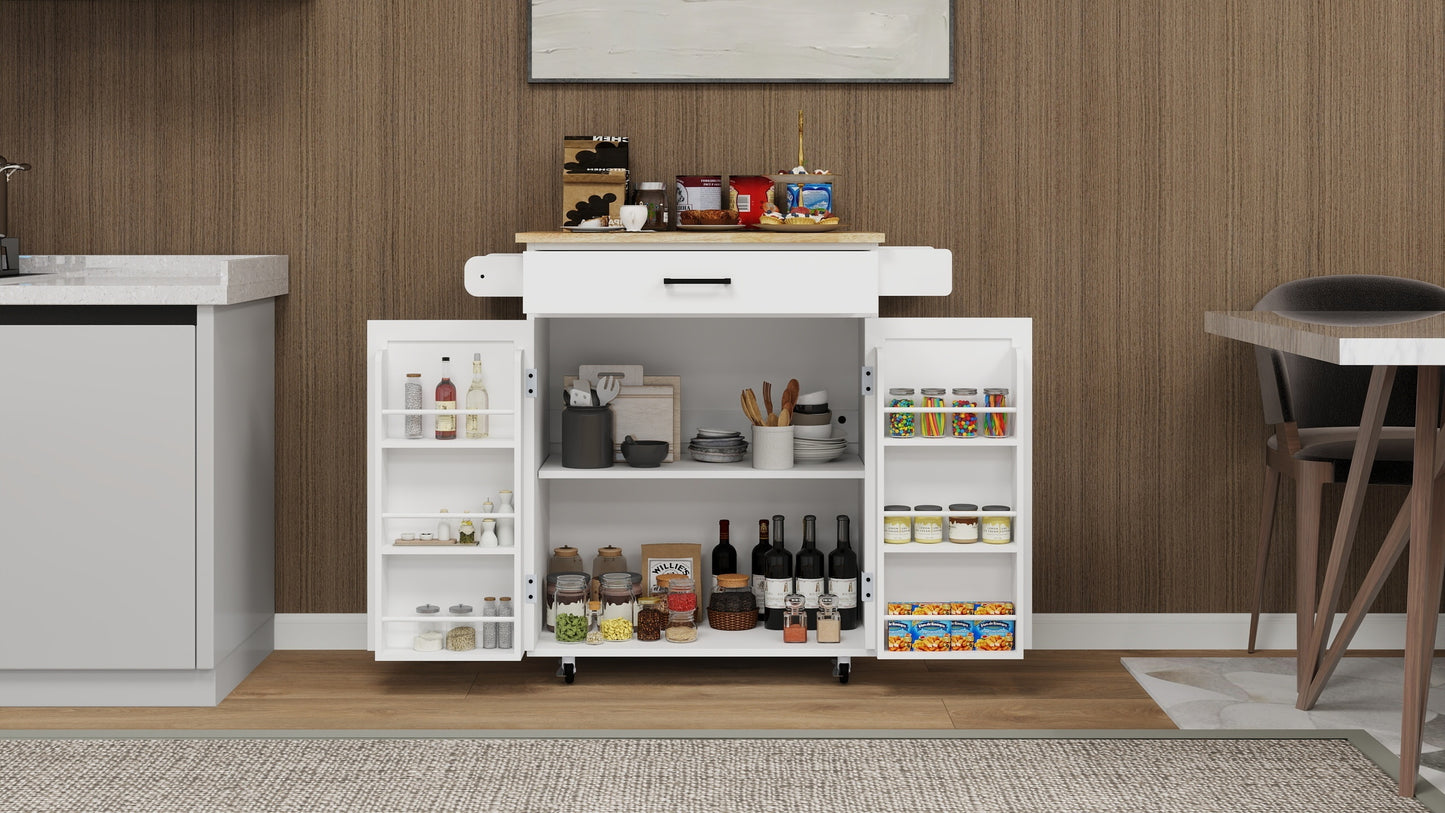 Kitchen island rolling trolley cart with 1 drawer & 2 doors with storage racks & Adjustable Shelves & towel rack & seasoning rack rubber wood table top-White