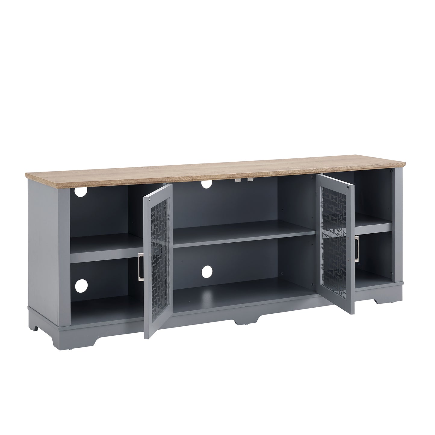 Modern Farmhouse Entertainment Console with Glass Door Cabinets and Open Shelves for up to 80'' TV's