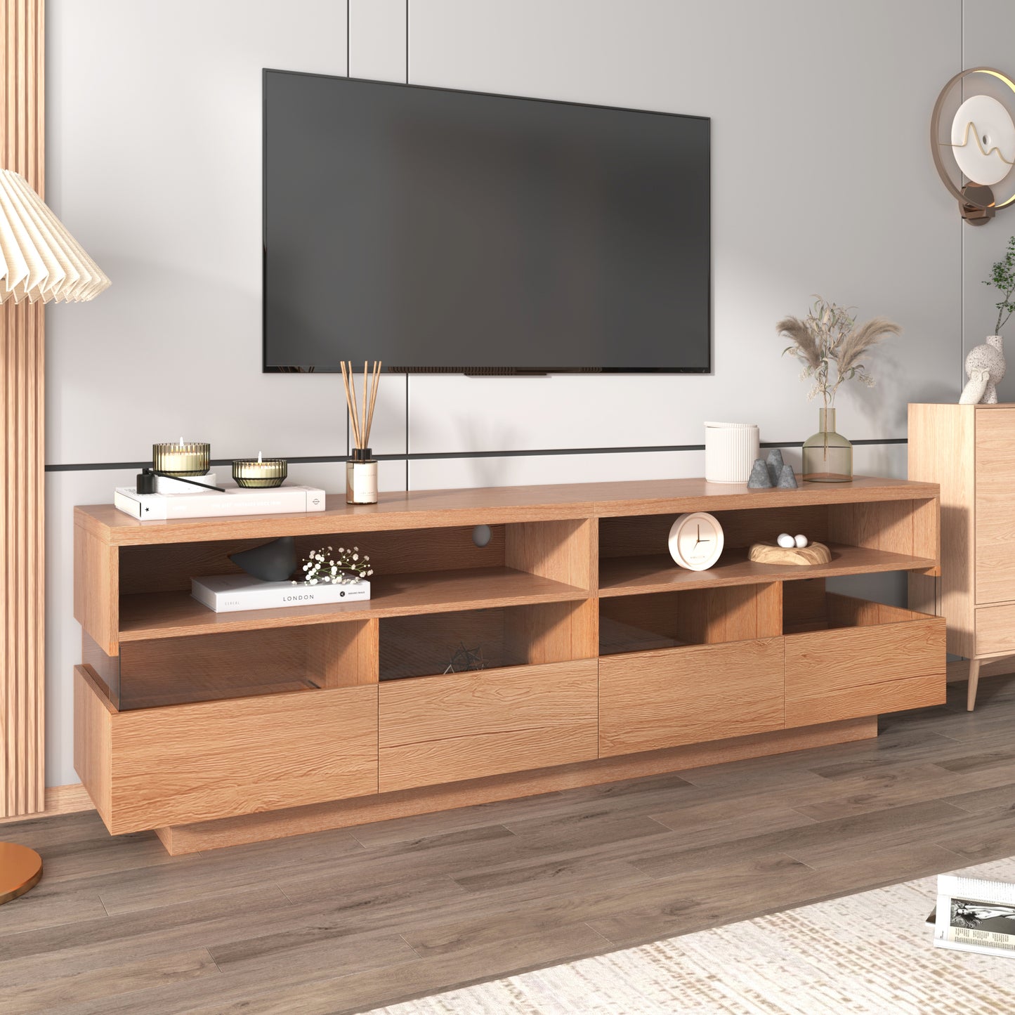 Modern TV Stand with 4 Drawers & 2 Open Cabinets For up to 75" TV's