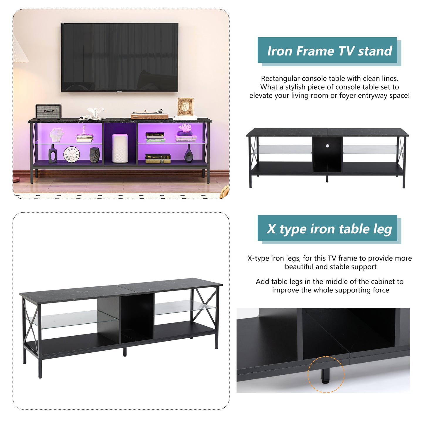 TV stand,Iron TV cabinet,entertainment center, TV set, media console, with LED lights, remote control,toughened glass stand,can be placed in the living room, bedroom, color:black with marble texture