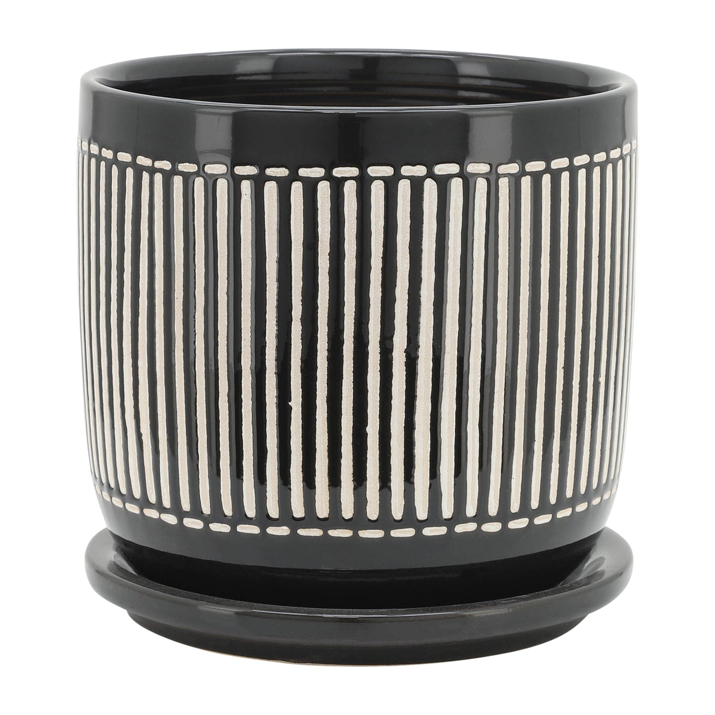 6" VERTICAL LINES PLANTER W/ SAUCER, BLACK