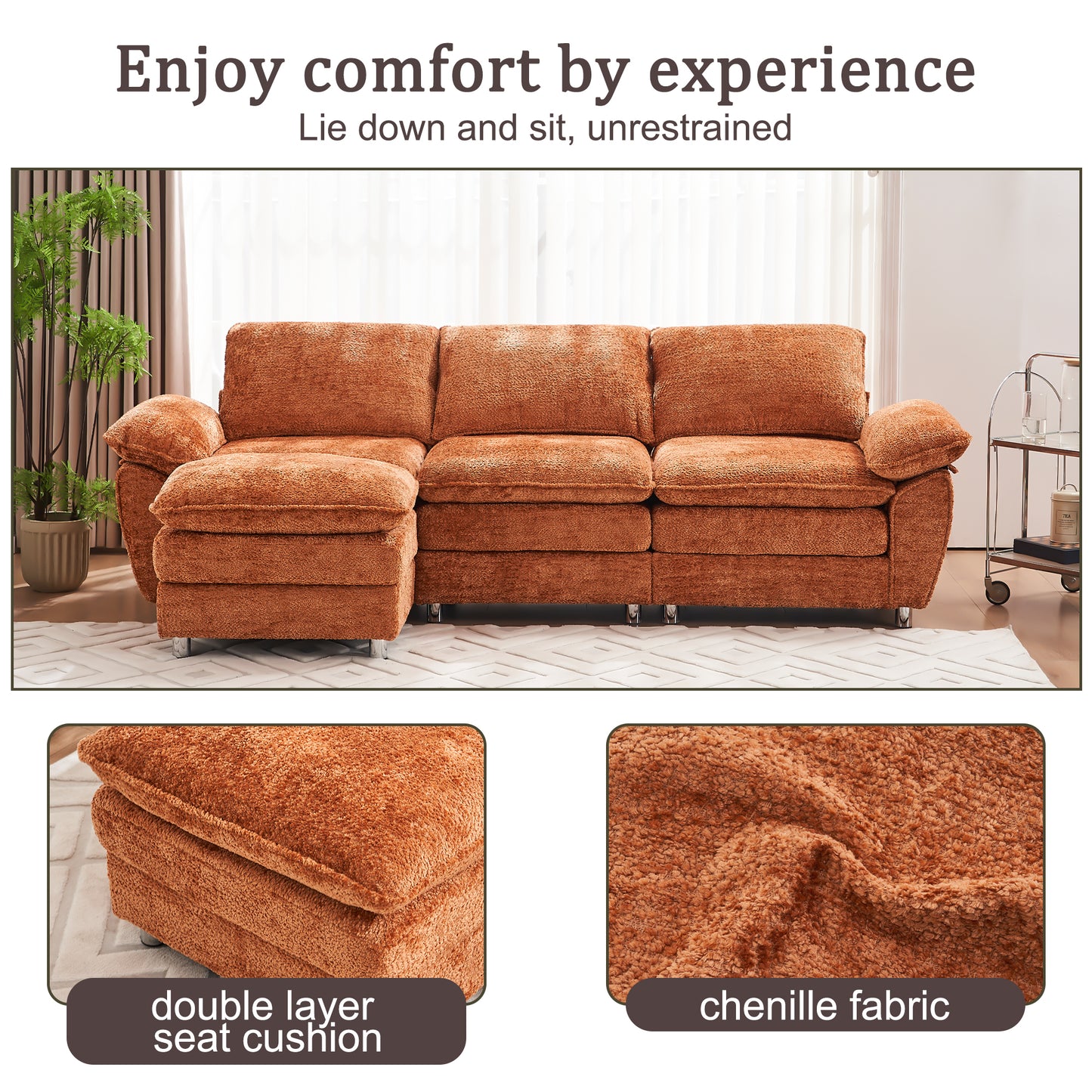 Modern Deep 3-Seat Sofa Couch with Ottoman, Upholstered