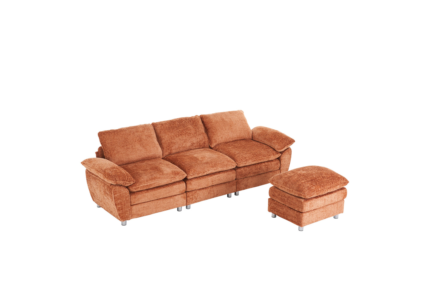 Modern Deep 3-Seat Sofa Couch with Ottoman, Upholstered