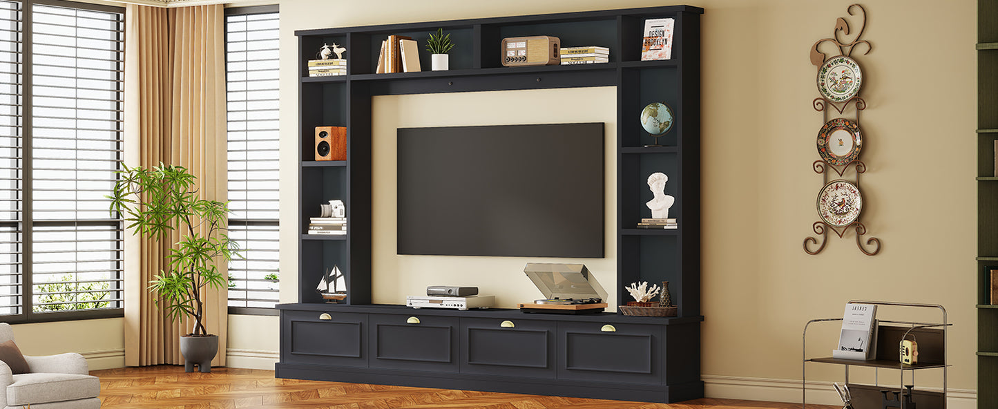 ON-TREND Large Wall Unit Entertainment Center with Bookshelves for TVs Up to 78'', Modern TV Console with Cabinets and Open Shelves, 4-in-1 TV Stand with Golden Handles, Black, 104.2''W*81.2''H