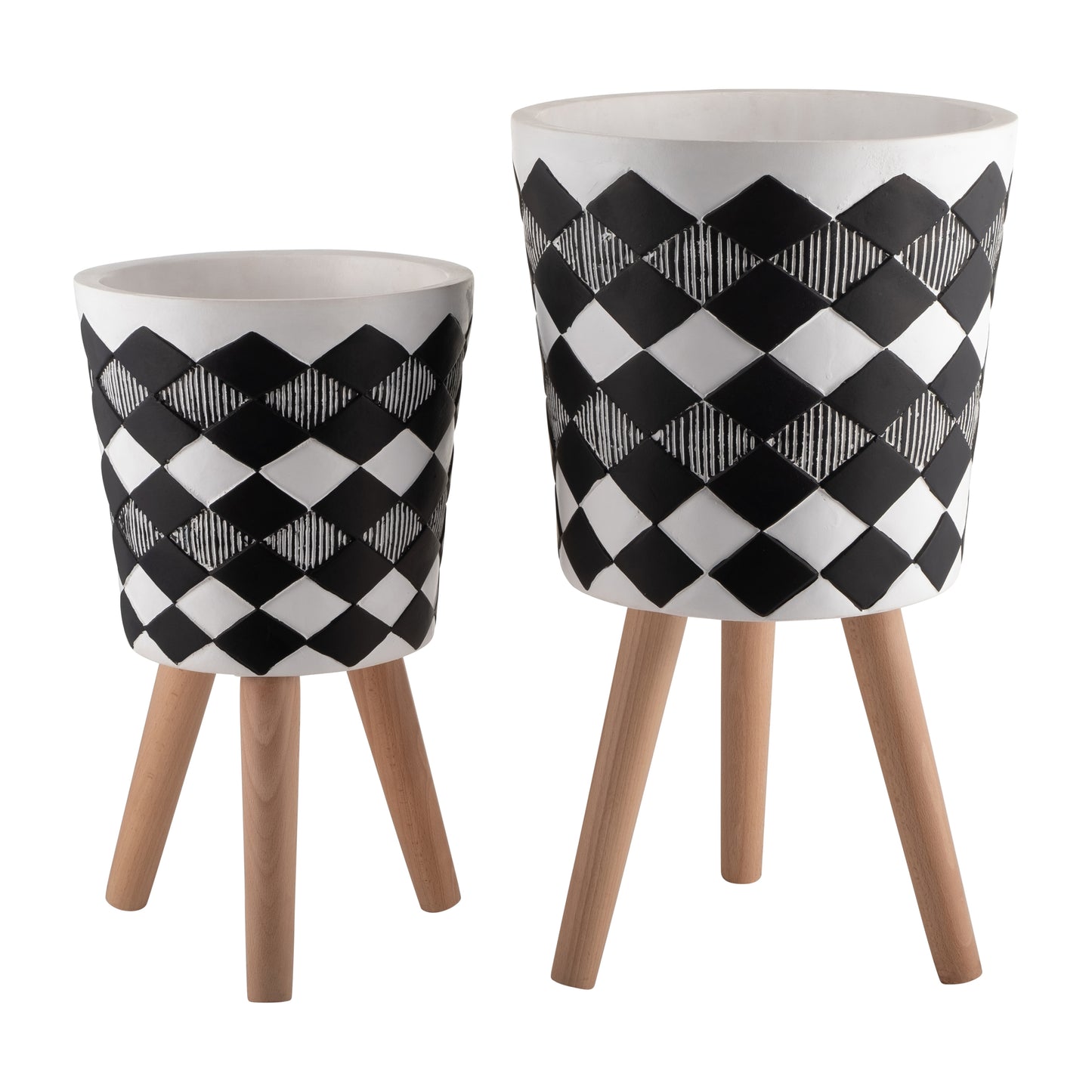 DIAMOND PLANTER W/ WOOD LEGS, BLACK