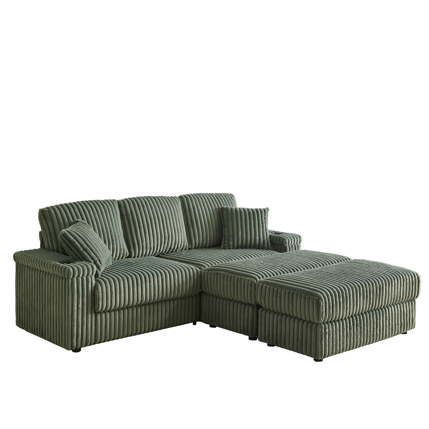 Corduroy 3-Seater Sofa With A Ottoman, 2 Storage  & Cup Holder