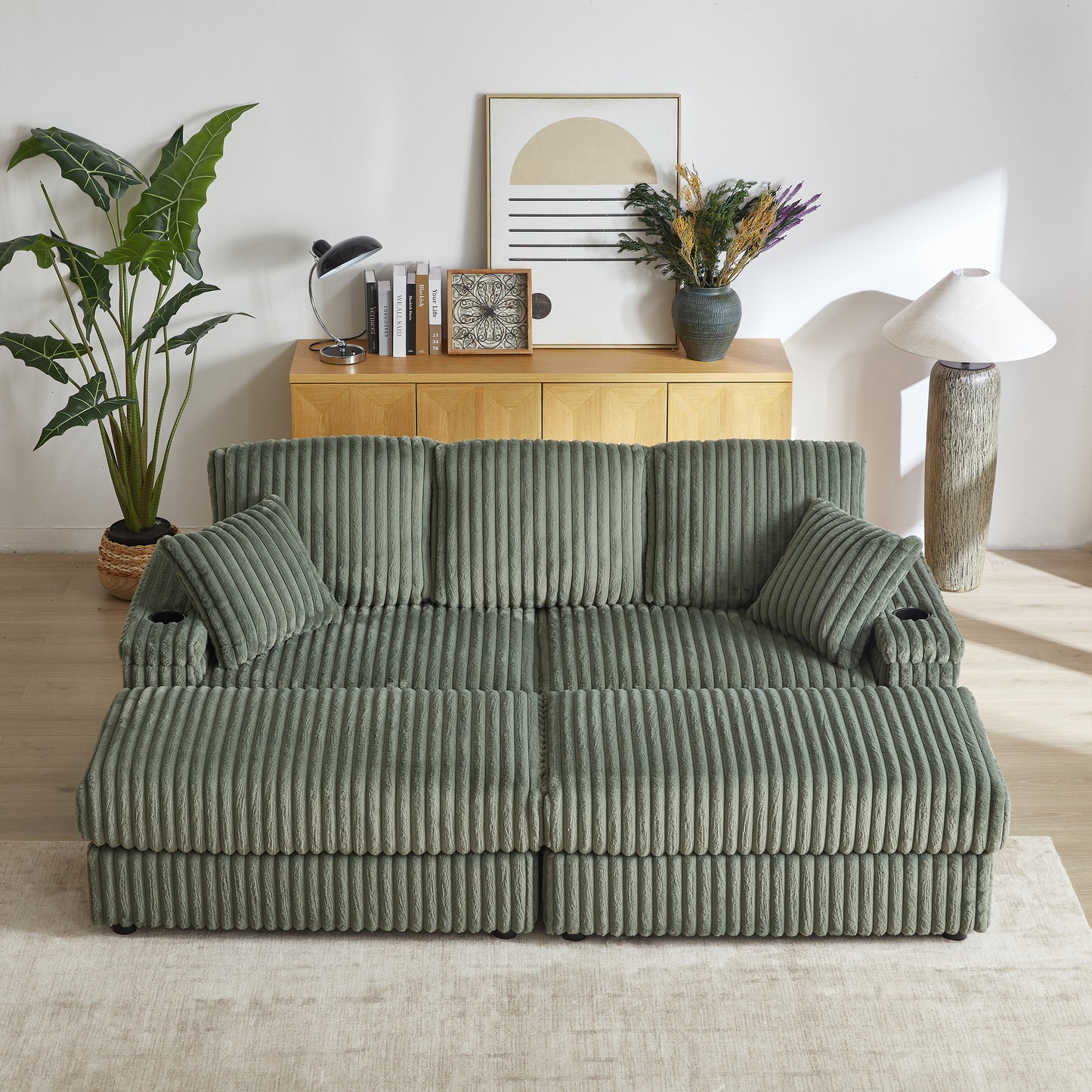 Corduroy 3-Seater Sofa With A Ottoman, 2 Storage  & Cup Holder