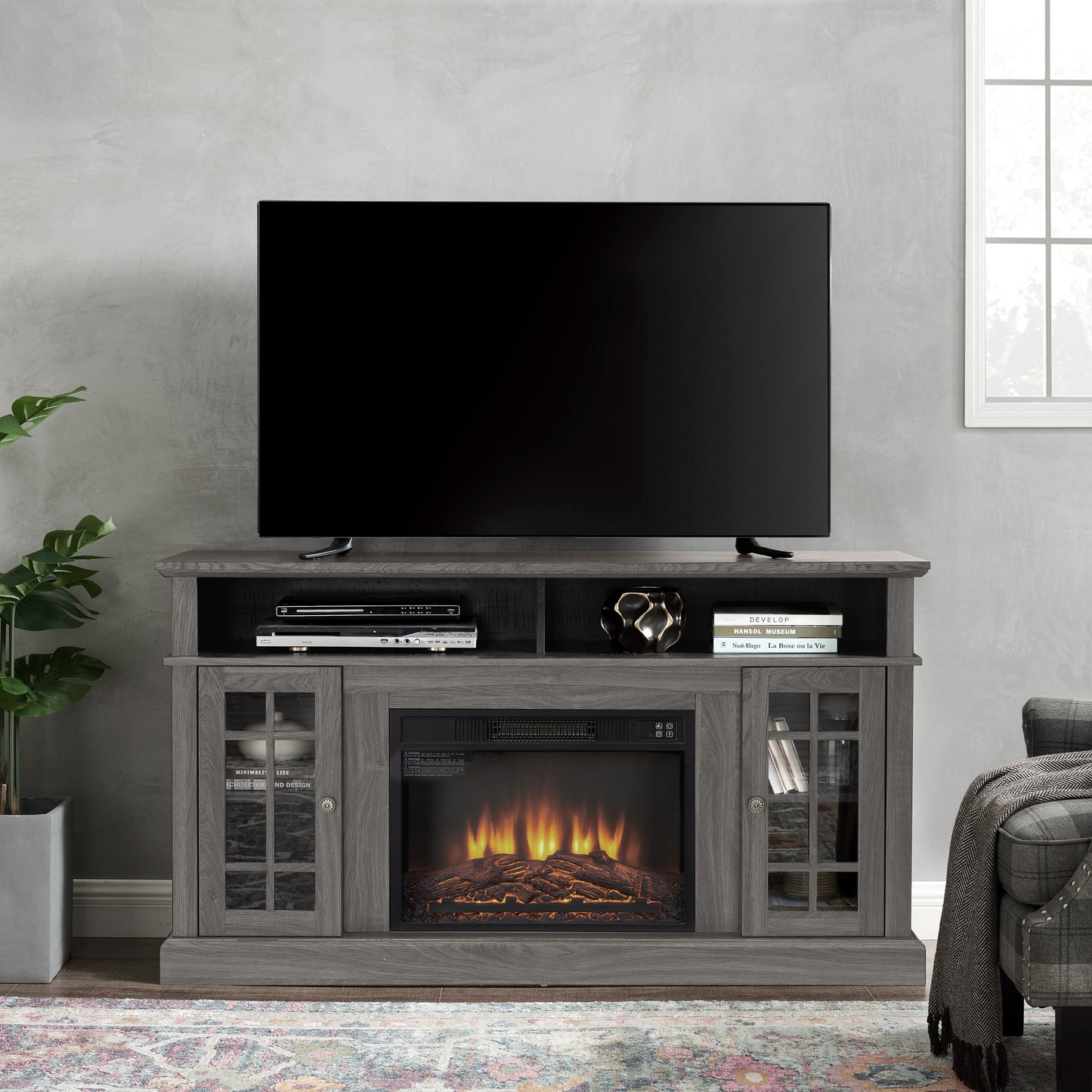 Modern Entertainment Console with 23'' Fireplace Insert and Storage For up to 65'' TV's