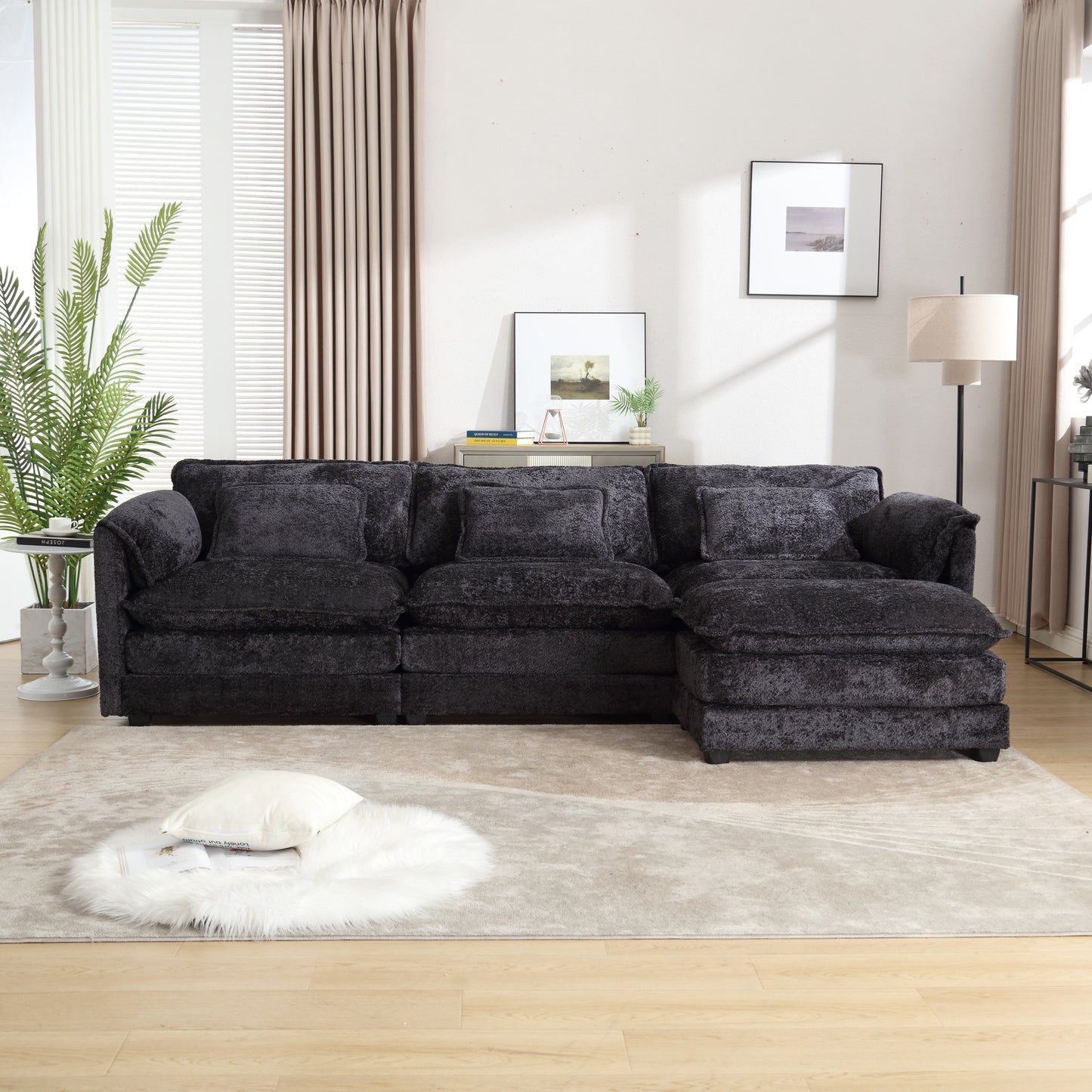 Oversized Boucle Fabric L-Shape Sectional - Movable Pedals with Detachable Armrests