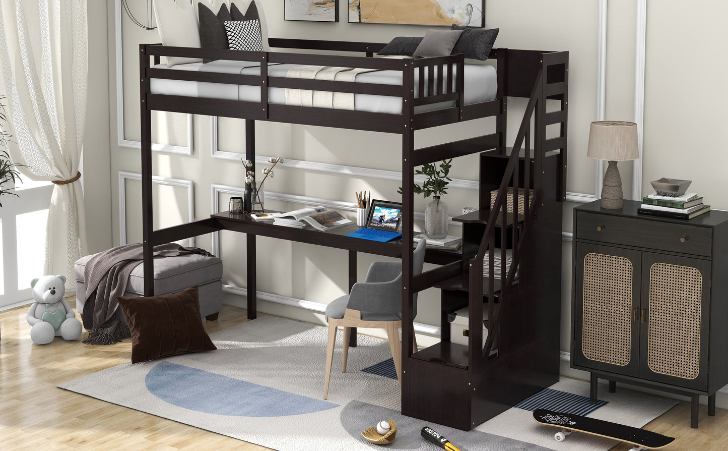 Twin Size Loft Bed with Storage Staircase and Built-in Desk