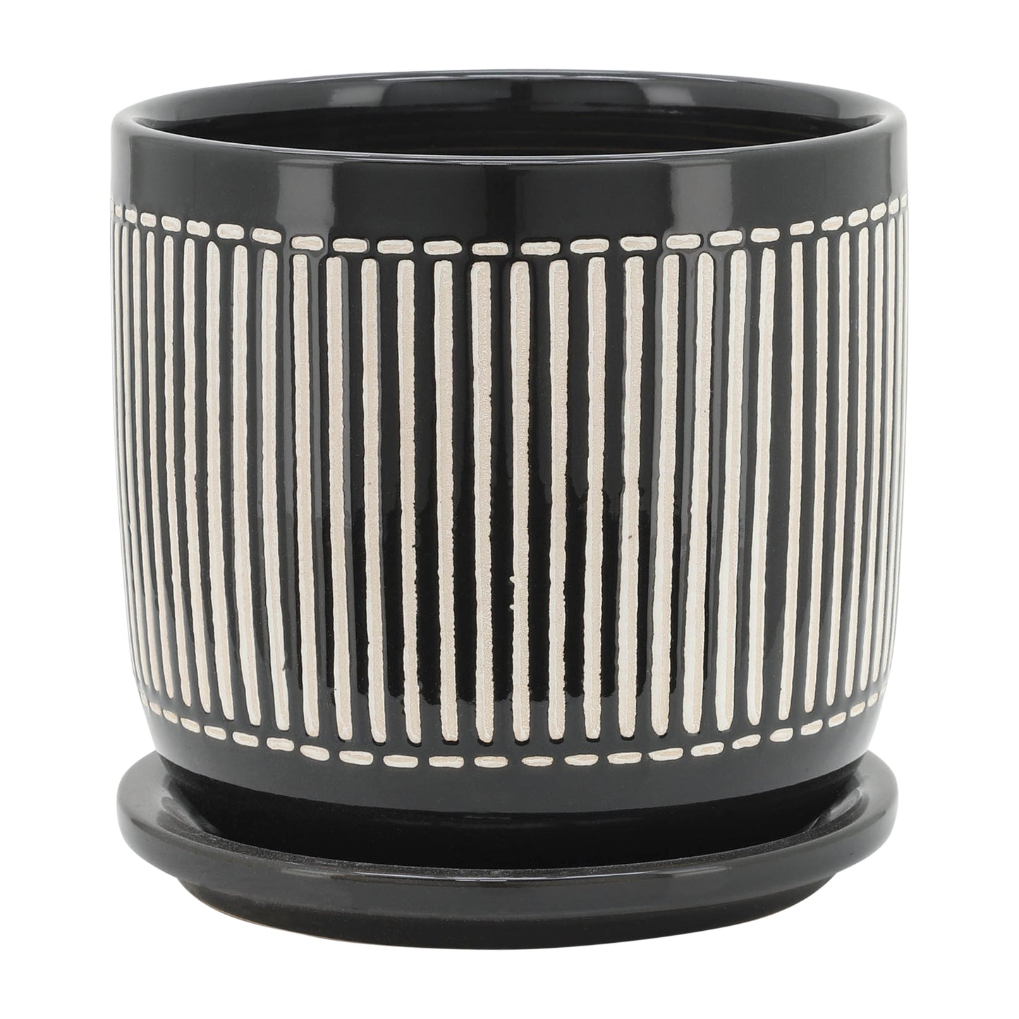 6" VERTICAL LINES PLANTER W/ SAUCER, BLACK