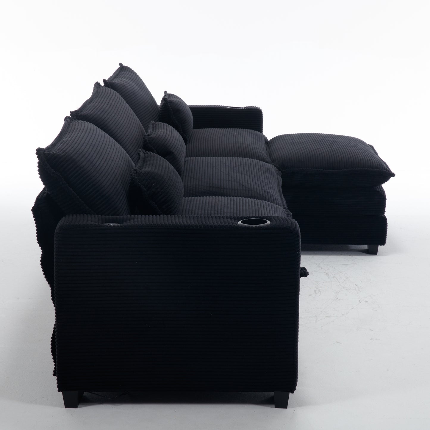 L Shape 3-seater Corduroy Couch with Ottoman, USB & Cup Holders