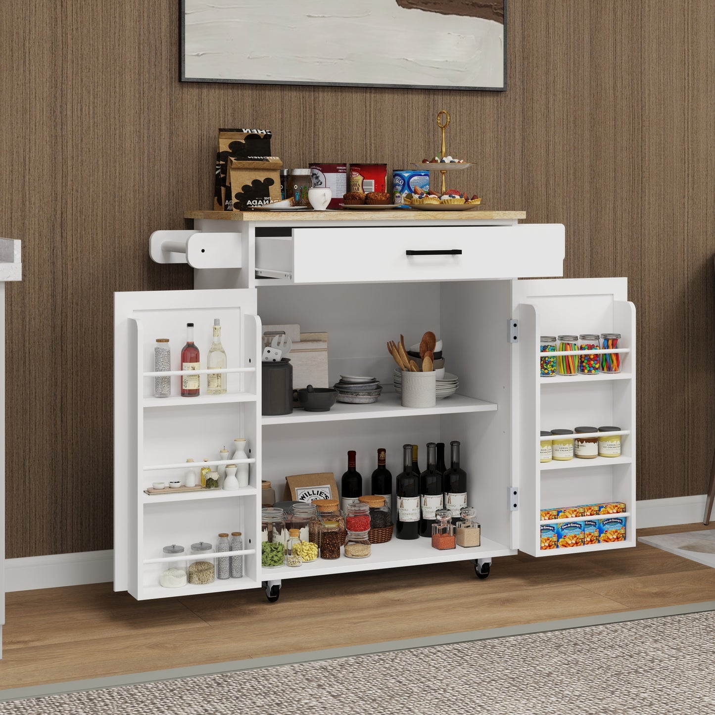 Kitchen island rolling trolley cart with 1 drawer & 2 doors with storage racks & Adjustable Shelves & towel rack & seasoning rack rubber wood table top-White