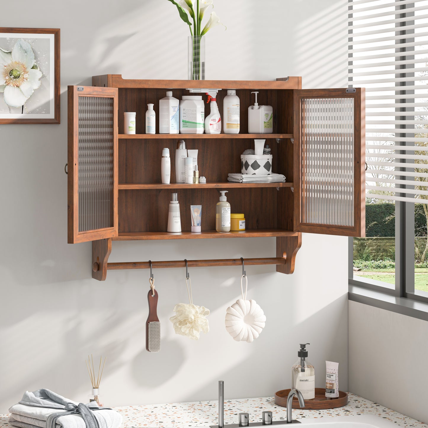 24.8"Glass Door Vintage Double Door Wall Cabinet with Three Tiers of Storage with Towel Rack, for Bathroom, Kitchen,Dining Room,Brown