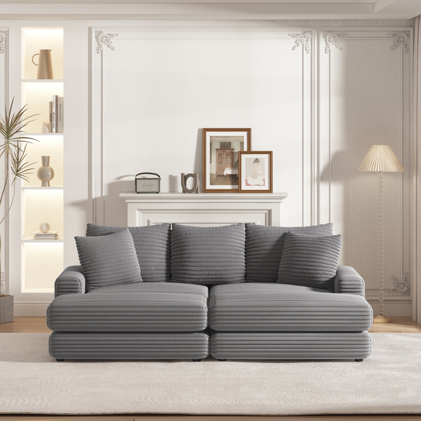 Corduroy 3-Seater Sofa with Dual Ottomans & Plush Pillows