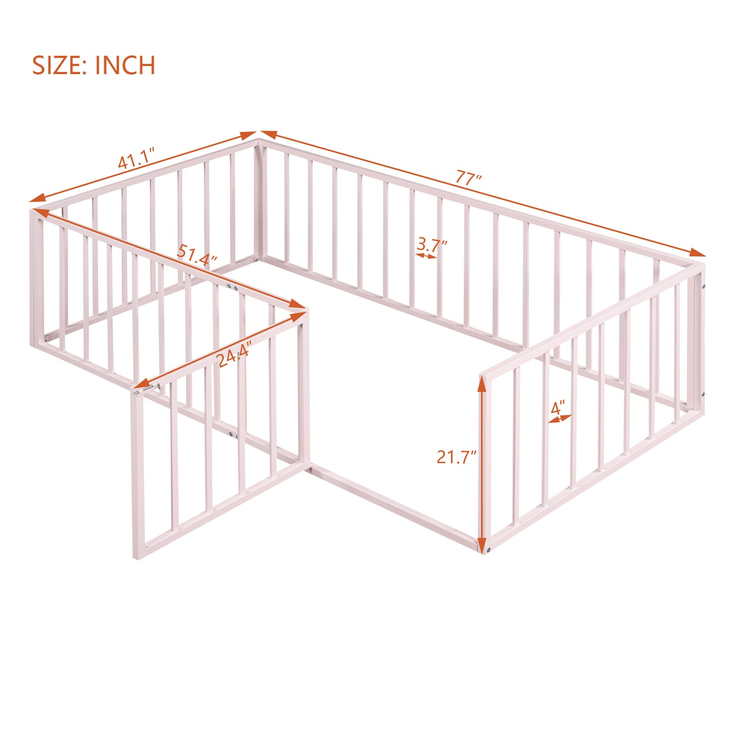 Girls, Twin Size Metal Floor Bed Frame with Fence & Door