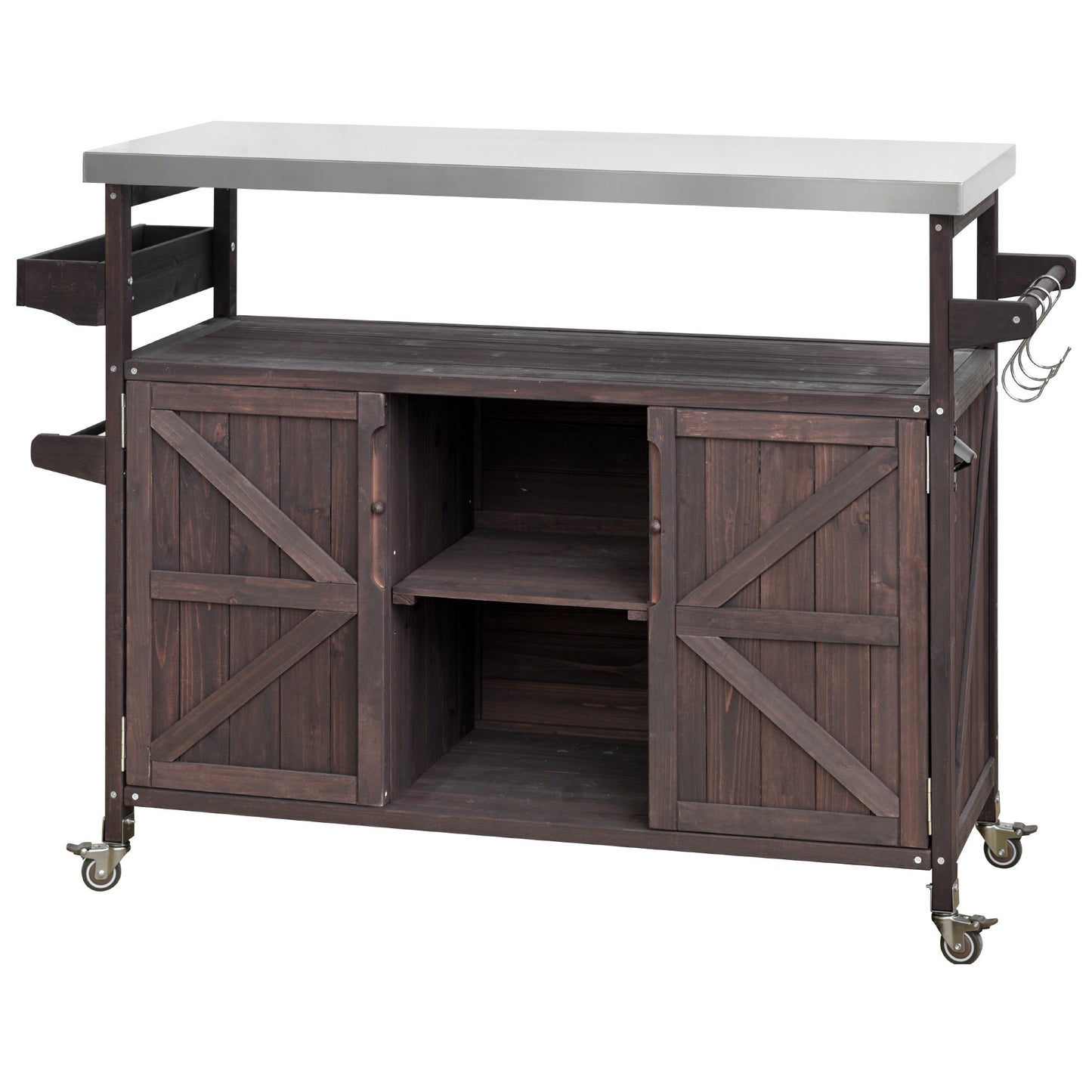 K&K Outdoor Kitchen Island, Rolling Bar Cart & Storage Cabinet, Farmhouse Solid Wood Outdoor Grill Table with Stainless Steel Top, Spice Rack , Towel Rack for Kitchen & Barbecue , Dark Brown