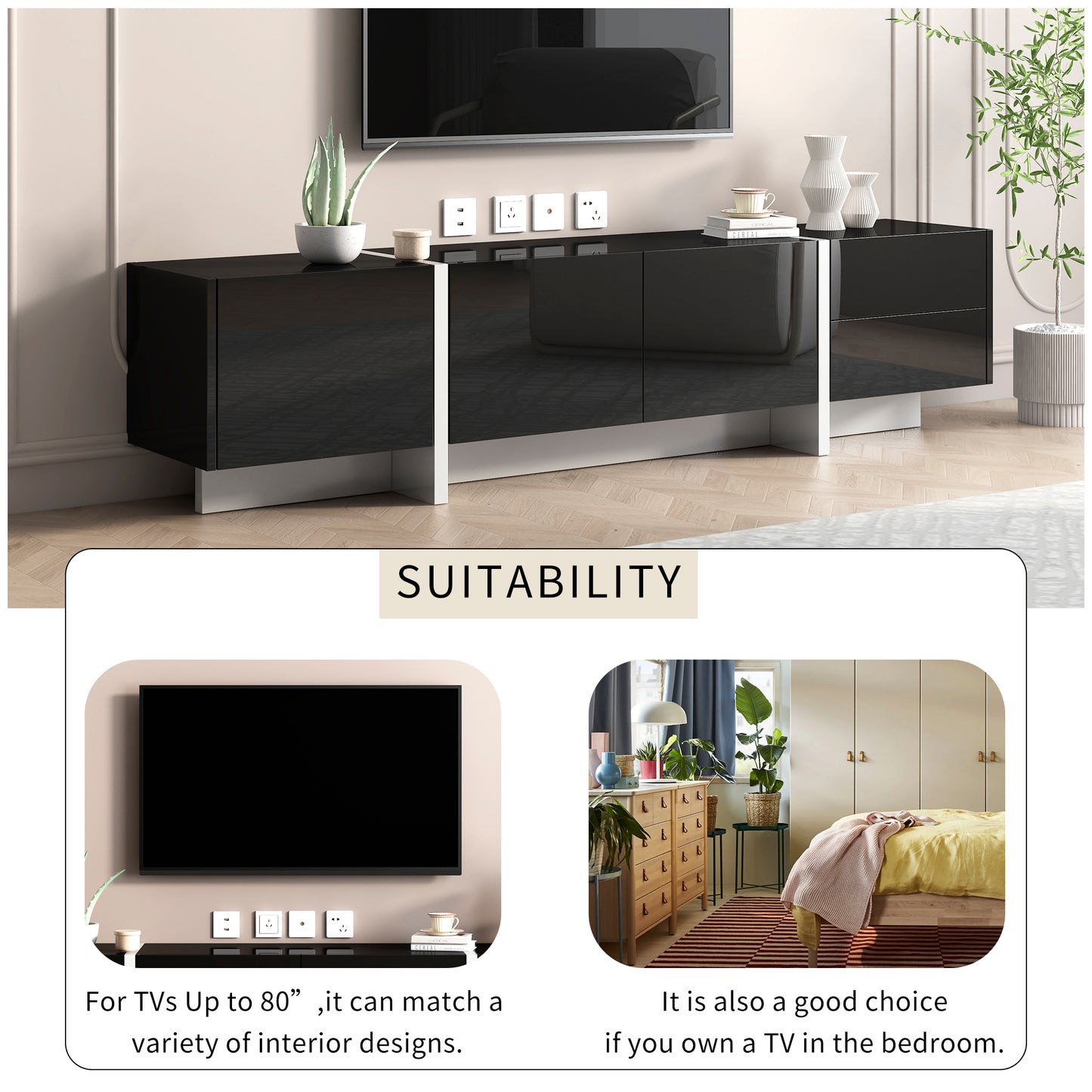 ON-TREND White & Black Contemporary Rectangle Design TV Stand, Unique Style TV Console Table for TVs Up to 80'', Modern TV Cabinet with High Gloss UV Surface for Living Room.