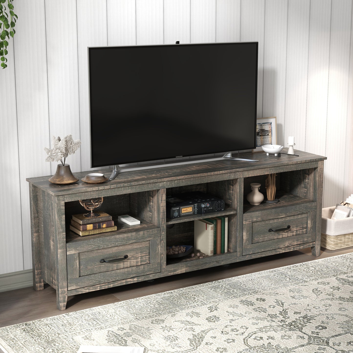 TV Stand with 2 Drawers and 4 High-Capacity Storage Compartment for up to 60" TV's - Black Pine